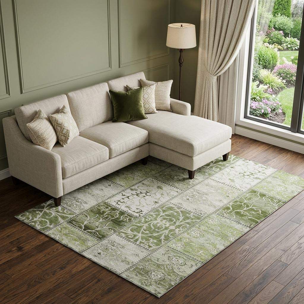 8' X 10' Green And Ivory Patchwork Distressed Washable Area Rug With UV Protection - HomeRoots - Flyclothing LLC