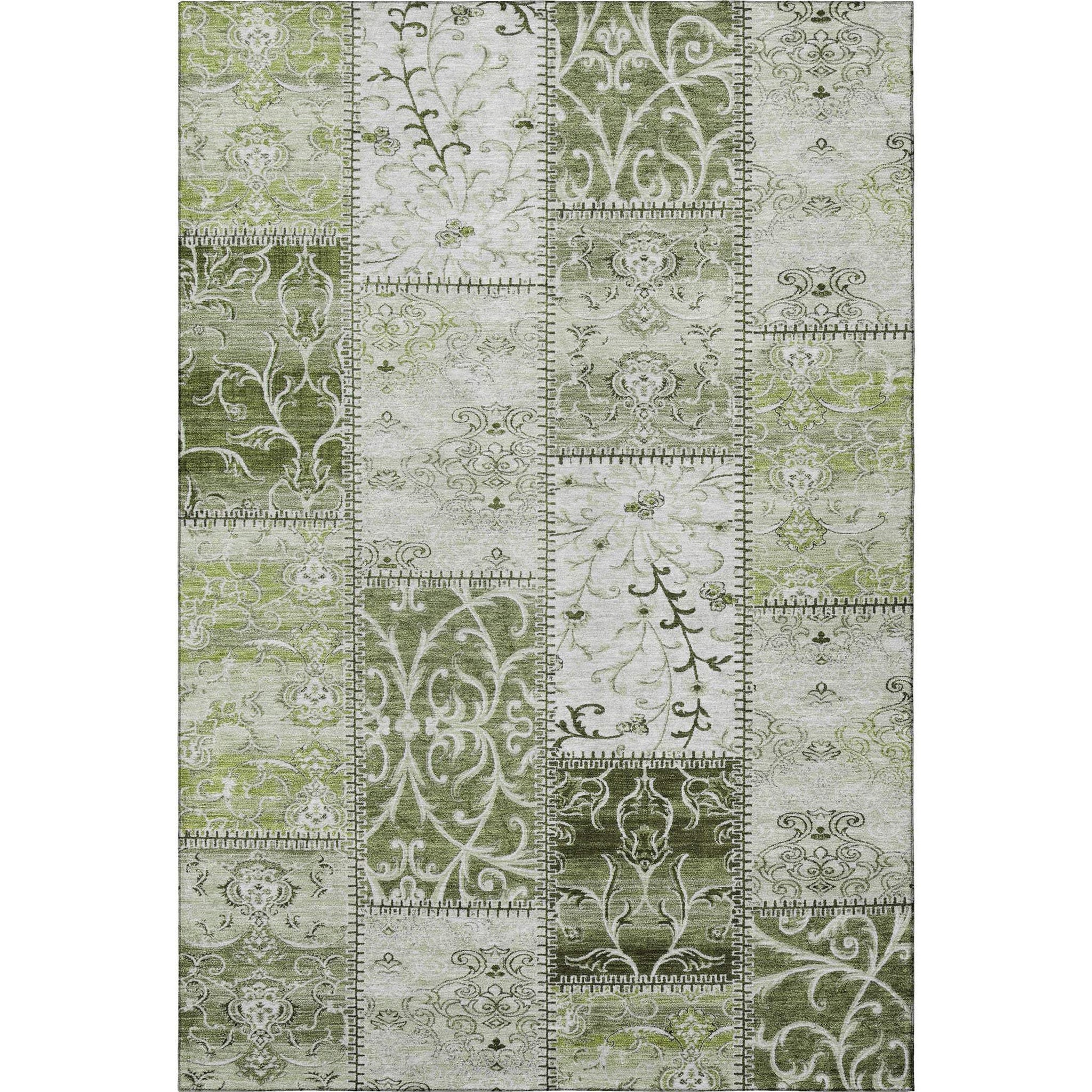 8' X 10' Green And Ivory Patchwork Distressed Washable Area Rug With UV Protection - HomeRoots - Flyclothing LLC