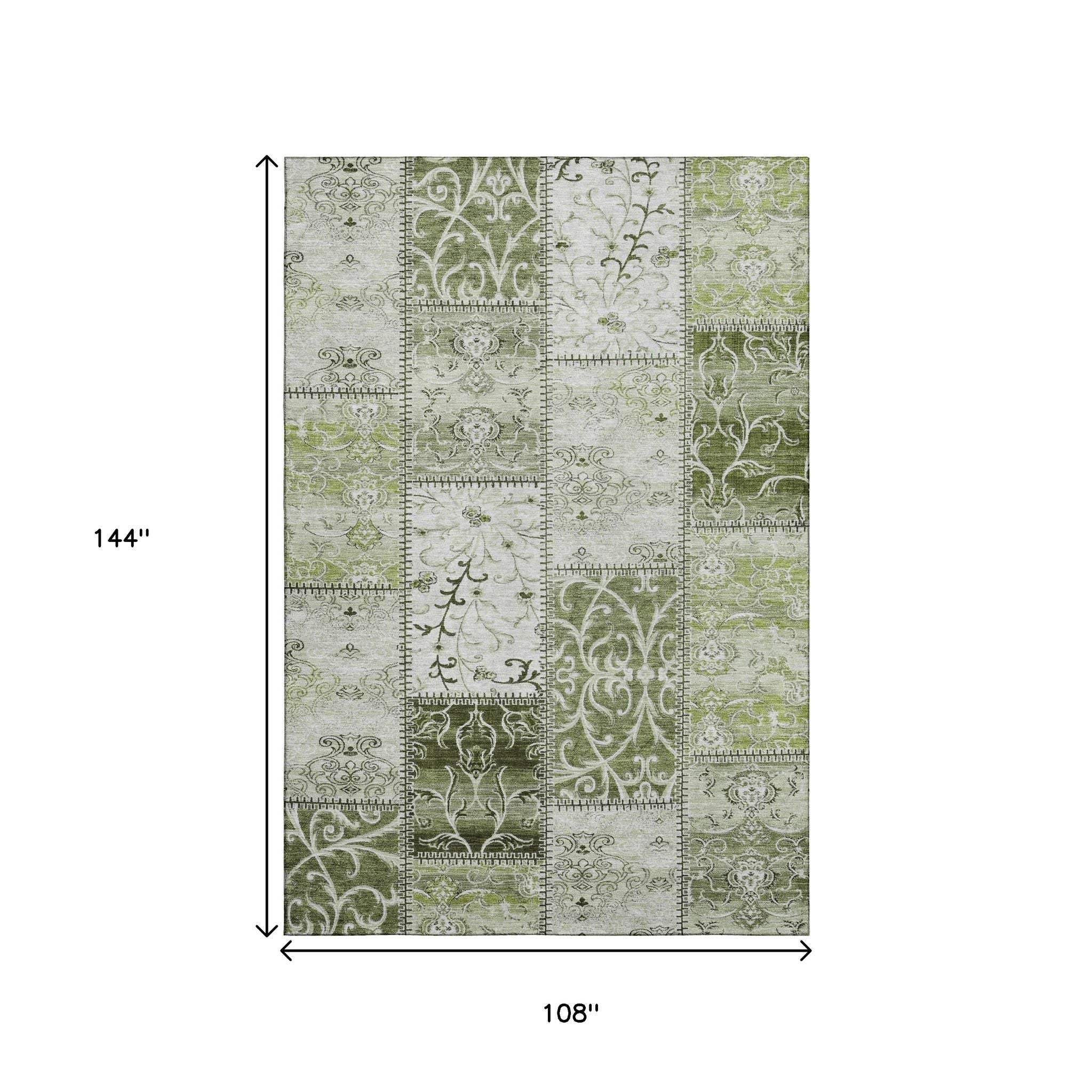 9' X 12' Green And Ivory Patchwork Distressed Washable Area Rug With UV Protection - HomeRoots - Flyclothing LLC