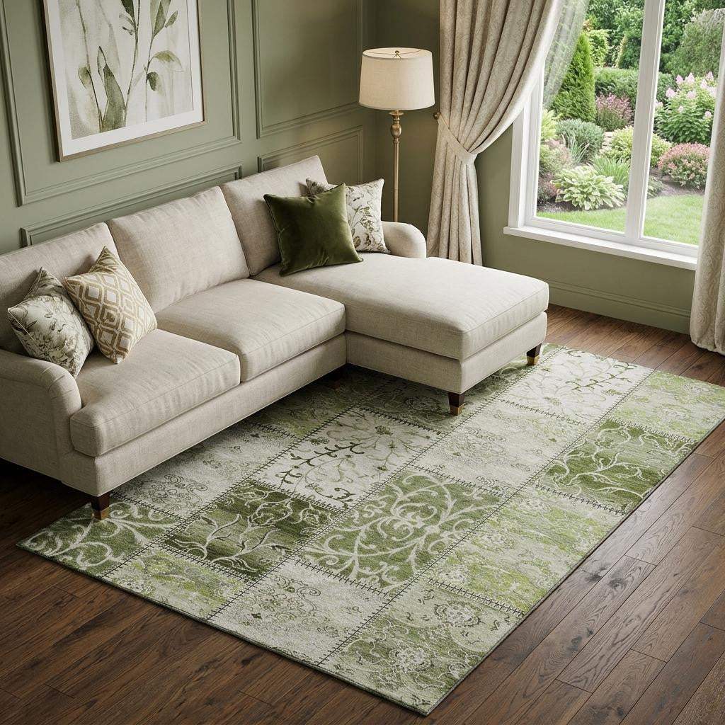 9' X 12' Green And Ivory Patchwork Distressed Washable Area Rug With UV Protection - HomeRoots - Flyclothing LLC