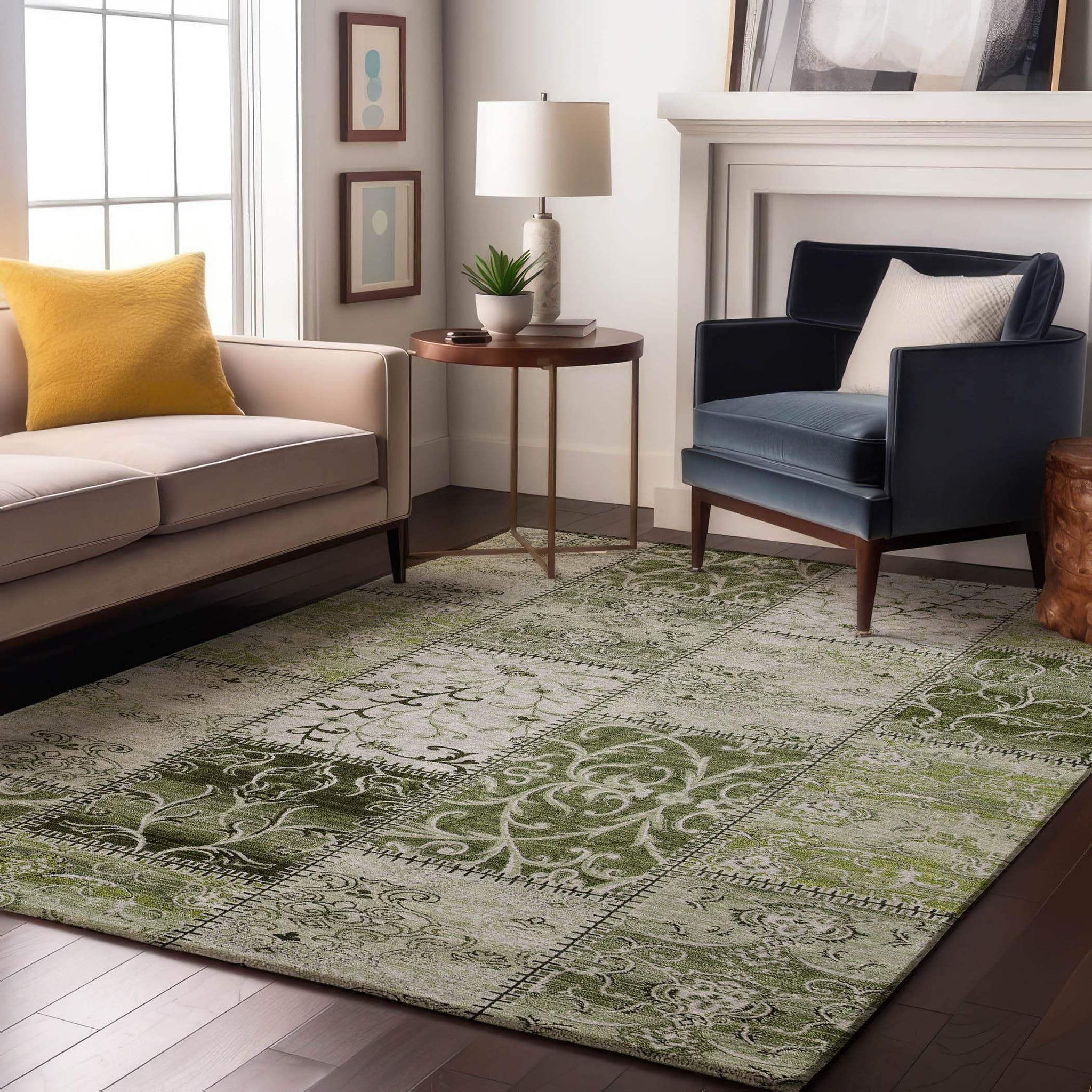 9' X 12' Green And Ivory Patchwork Distressed Washable Area Rug With UV Protection - HomeRoots - Flyclothing LLC