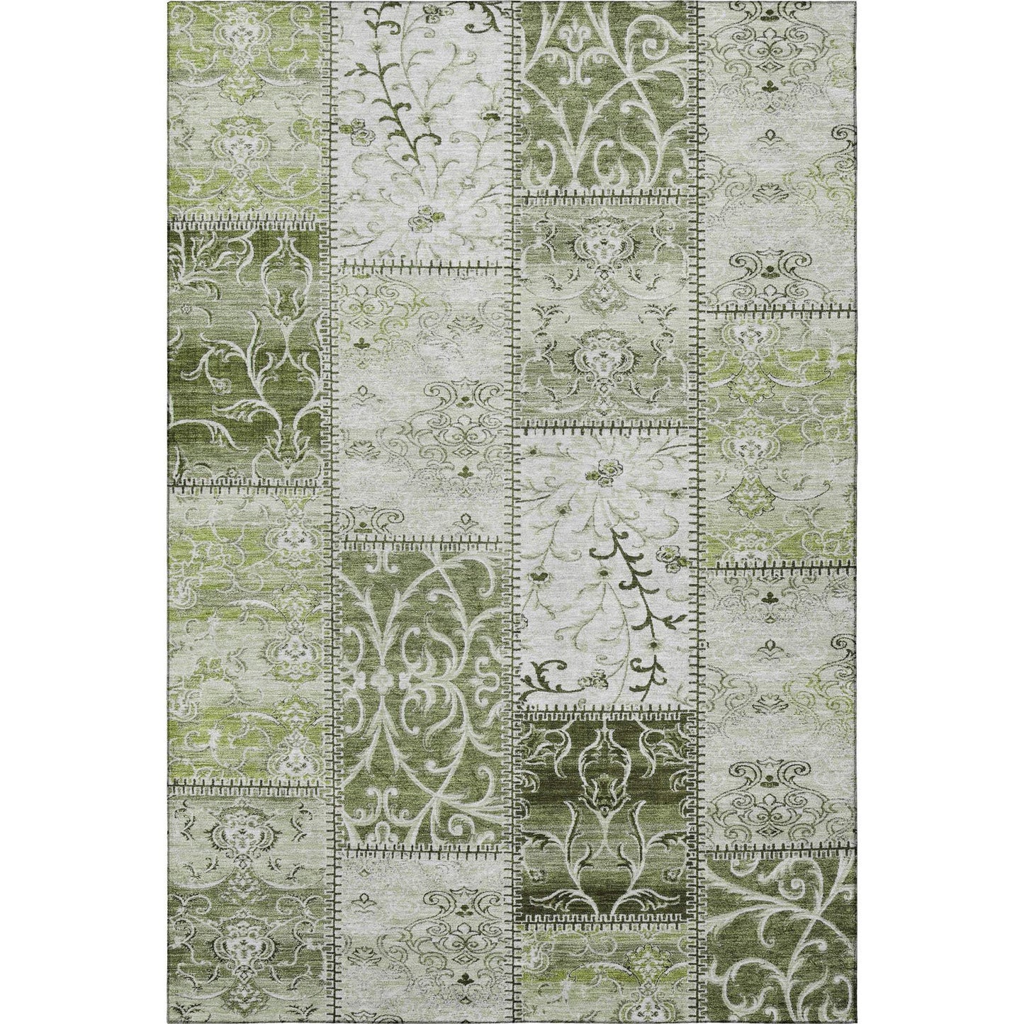 9' X 12' Green And Ivory Patchwork Distressed Washable Area Rug With UV Protection - HomeRoots - Flyclothing LLC