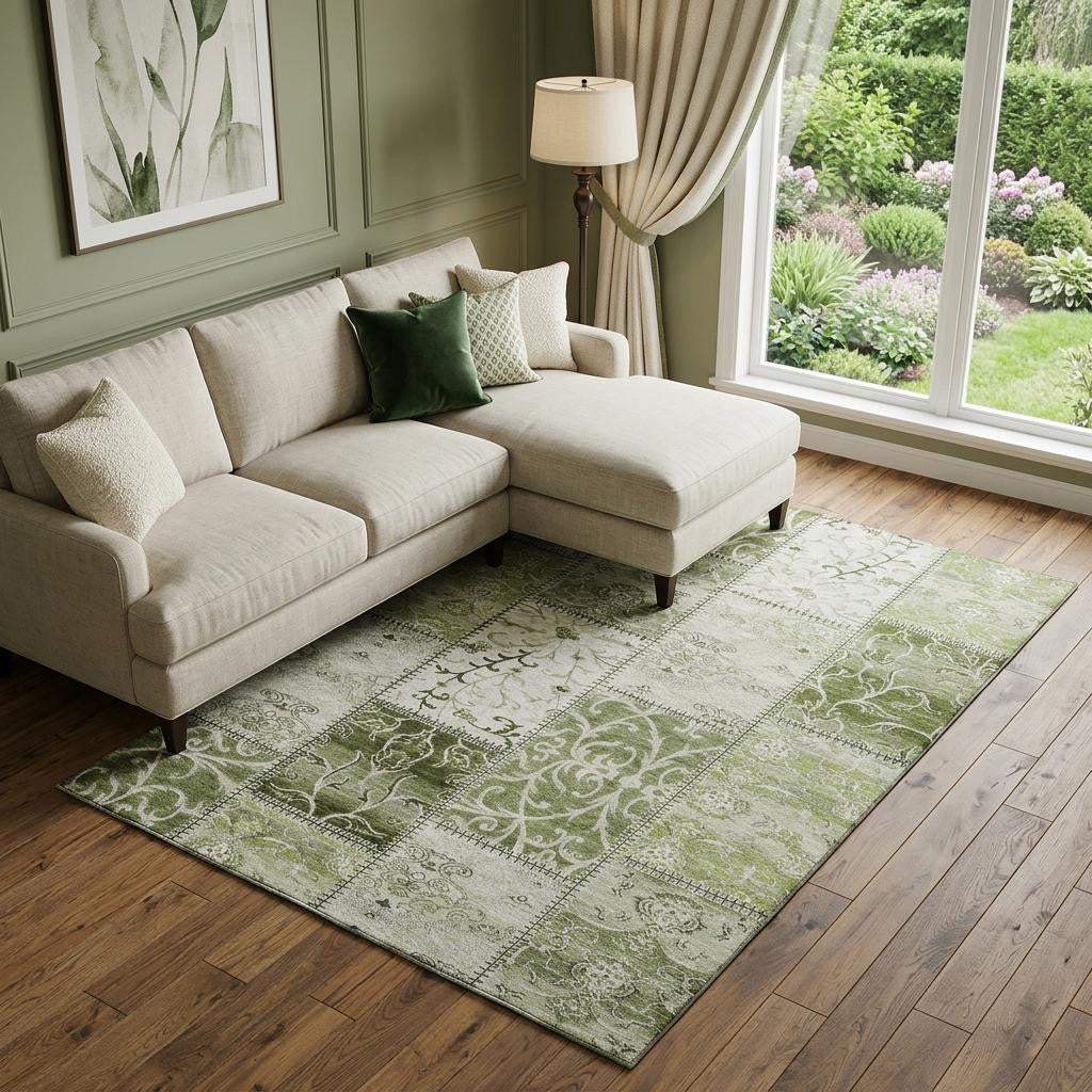 10' X 14' Green And Ivory Patchwork Distressed Washable Area Rug With UV Protection - HomeRoots - Flyclothing LLC