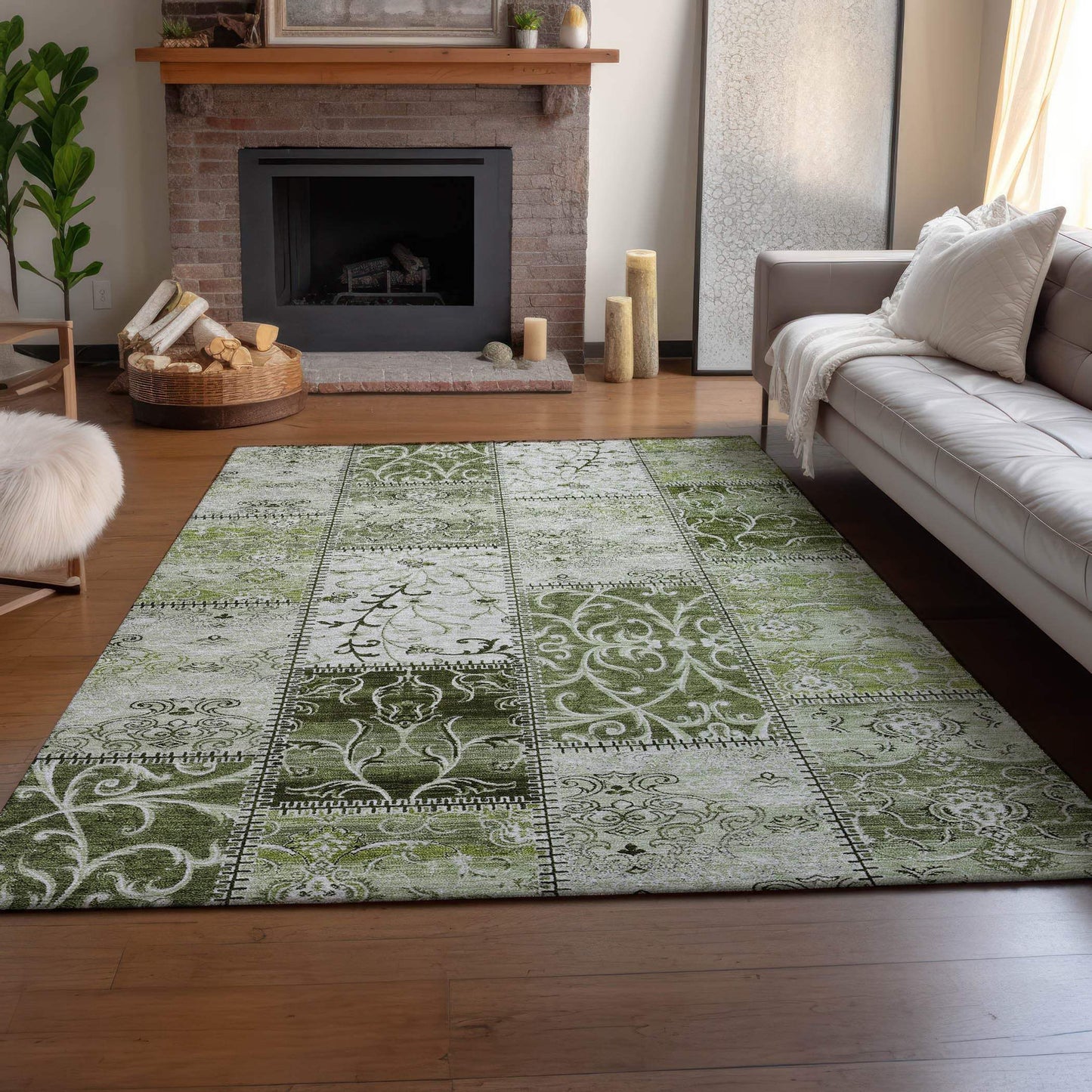 10' X 14' Green And Ivory Patchwork Distressed Washable Area Rug With UV Protection - HomeRoots - Flyclothing LLC