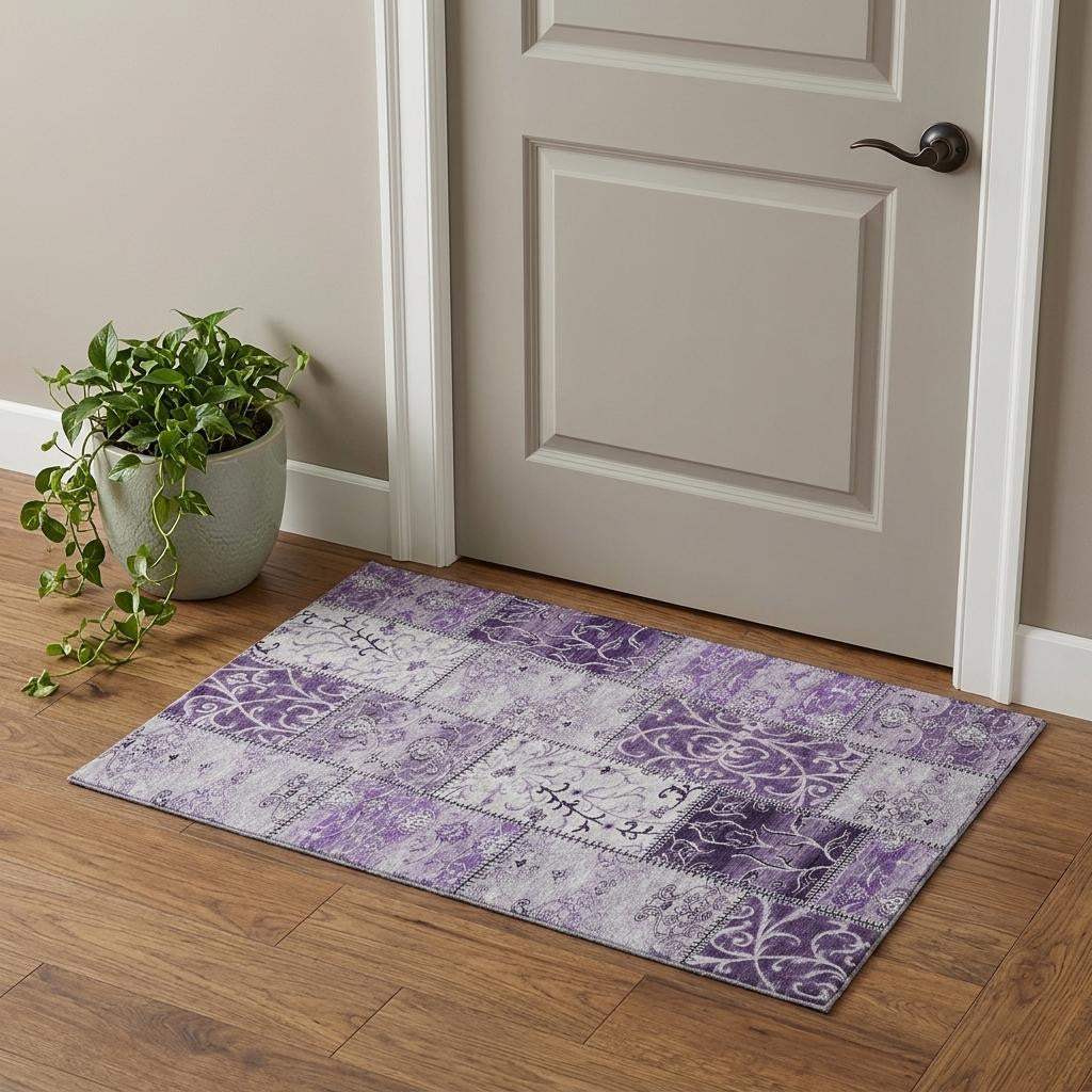 3' X 5' Purple And Ivory Patchwork Distressed Washable Area Rug With UV Protection - HomeRoots - Flyclothing LLC