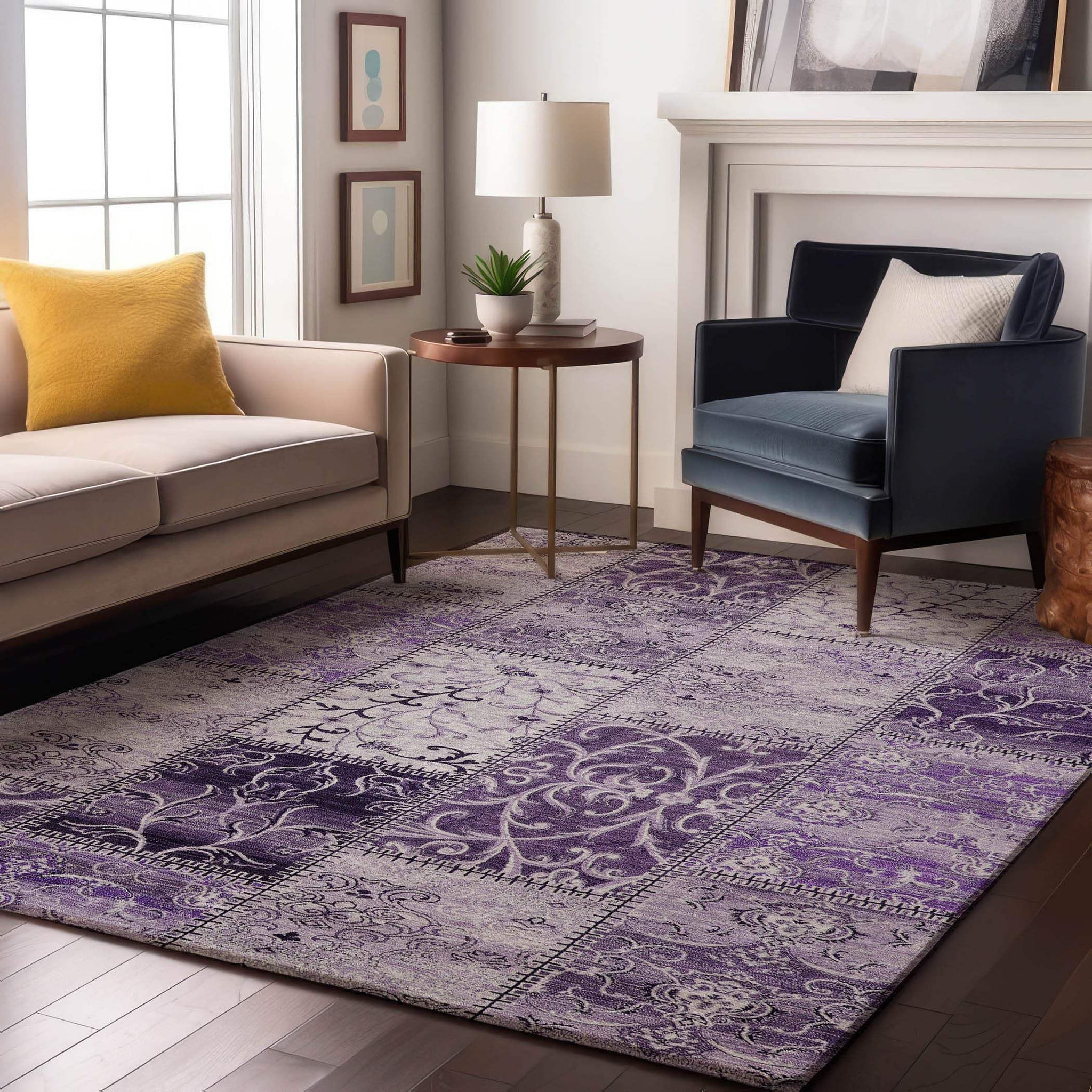 3' X 5' Purple And Ivory Patchwork Distressed Washable Area Rug With UV Protection - HomeRoots - Flyclothing LLC