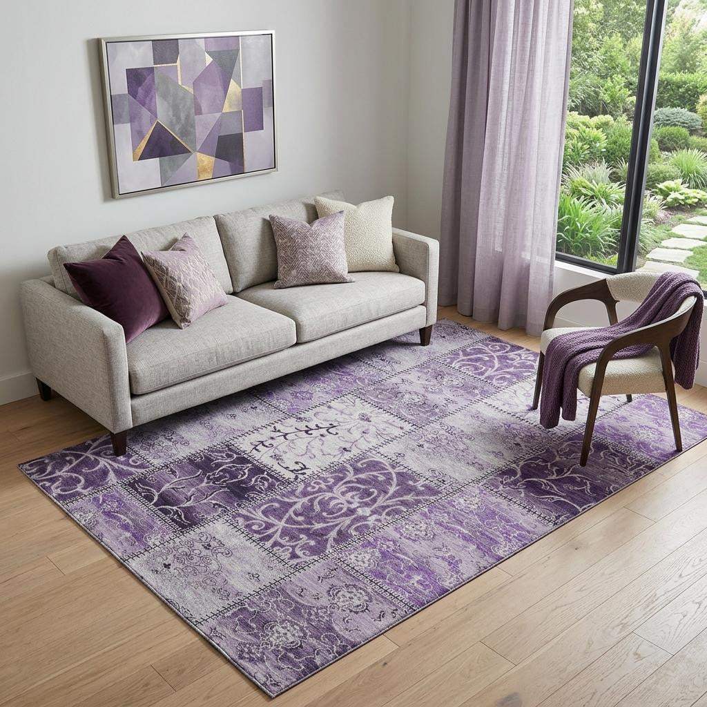 5' X 8' Purple And Ivory Patchwork Distressed Washable Area Rug With UV Protection - HomeRoots - Flyclothing LLC