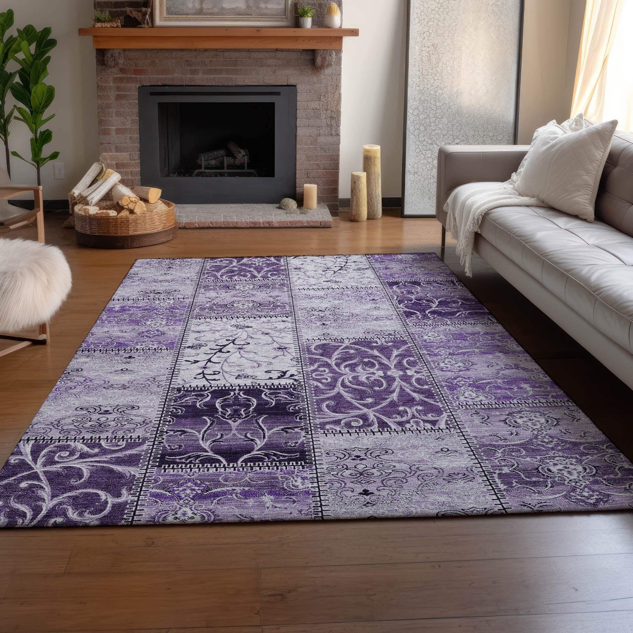 5' X 8' Purple And Ivory Patchwork Distressed Washable Area Rug With UV Protection - HomeRoots - Flyclothing LLC