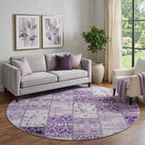8' Purple And Ivory Patchwork Distressed Washable Round Rug With UV Protection - HomeRoots - Flyclothing LLC
