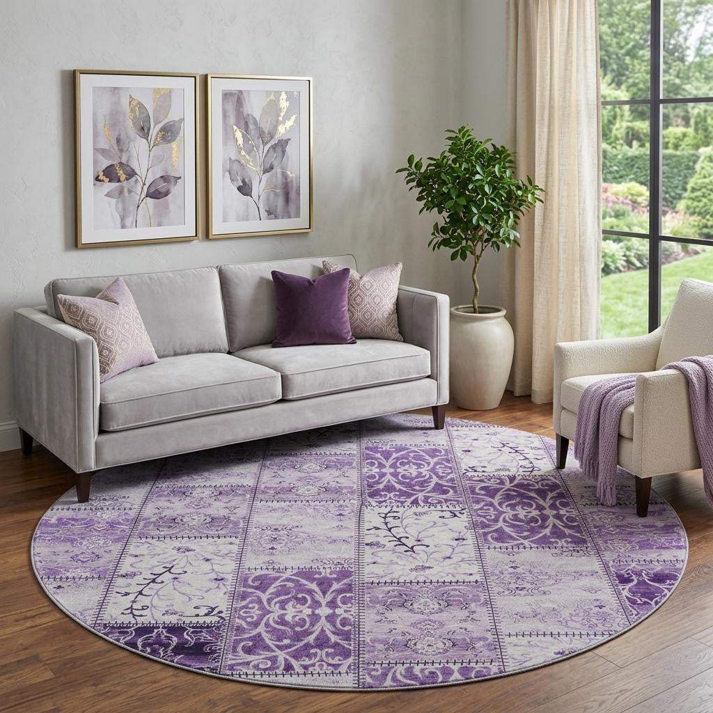 8' Purple And Ivory Patchwork Distressed Washable Round Rug With UV Protection - HomeRoots - Flyclothing LLC