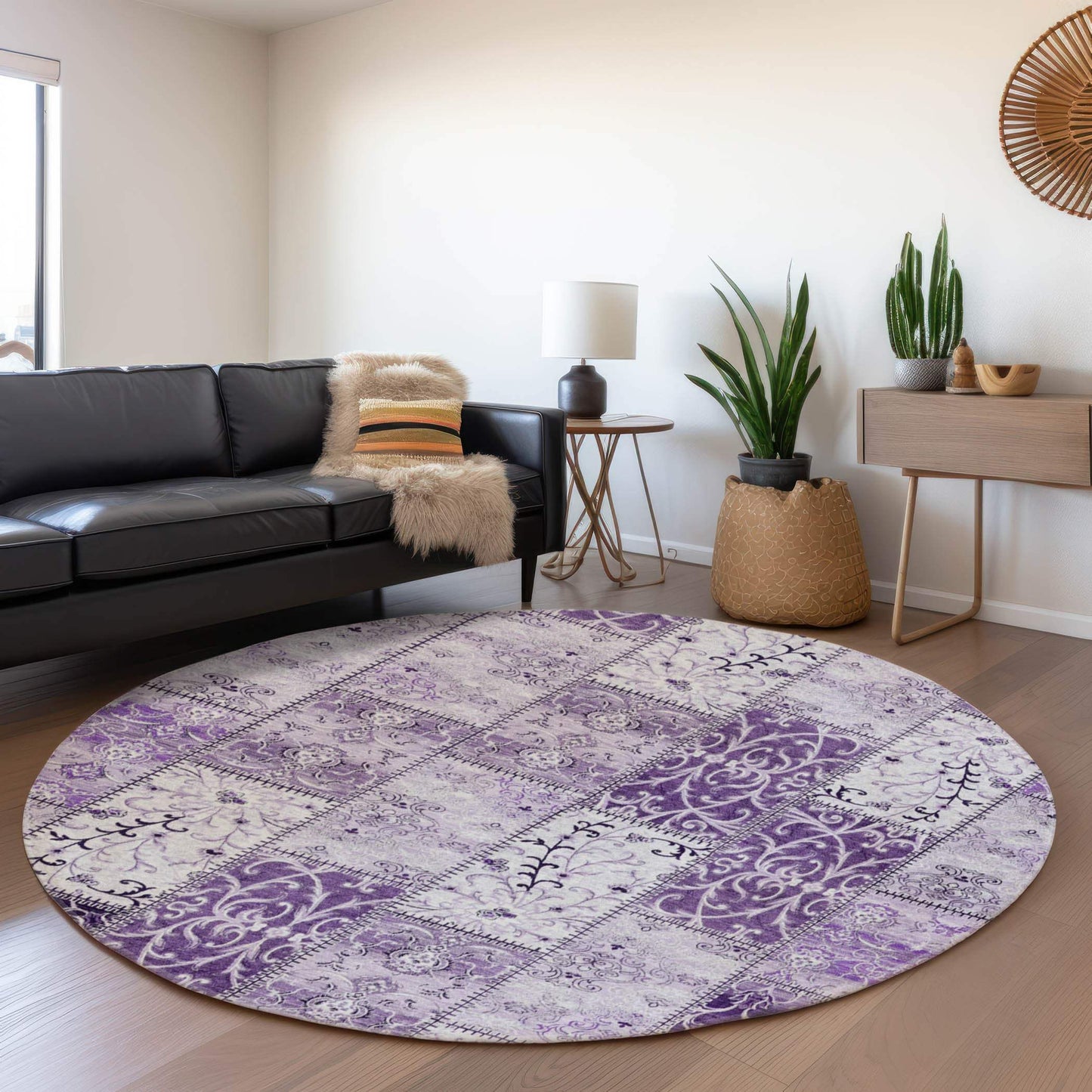 8' Purple And Ivory Patchwork Distressed Washable Round Rug With UV Protection - HomeRoots - Flyclothing LLC