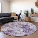 8' Purple And Ivory Patchwork Distressed Washable Round Rug With UV Protection - HomeRoots - Flyclothing LLC