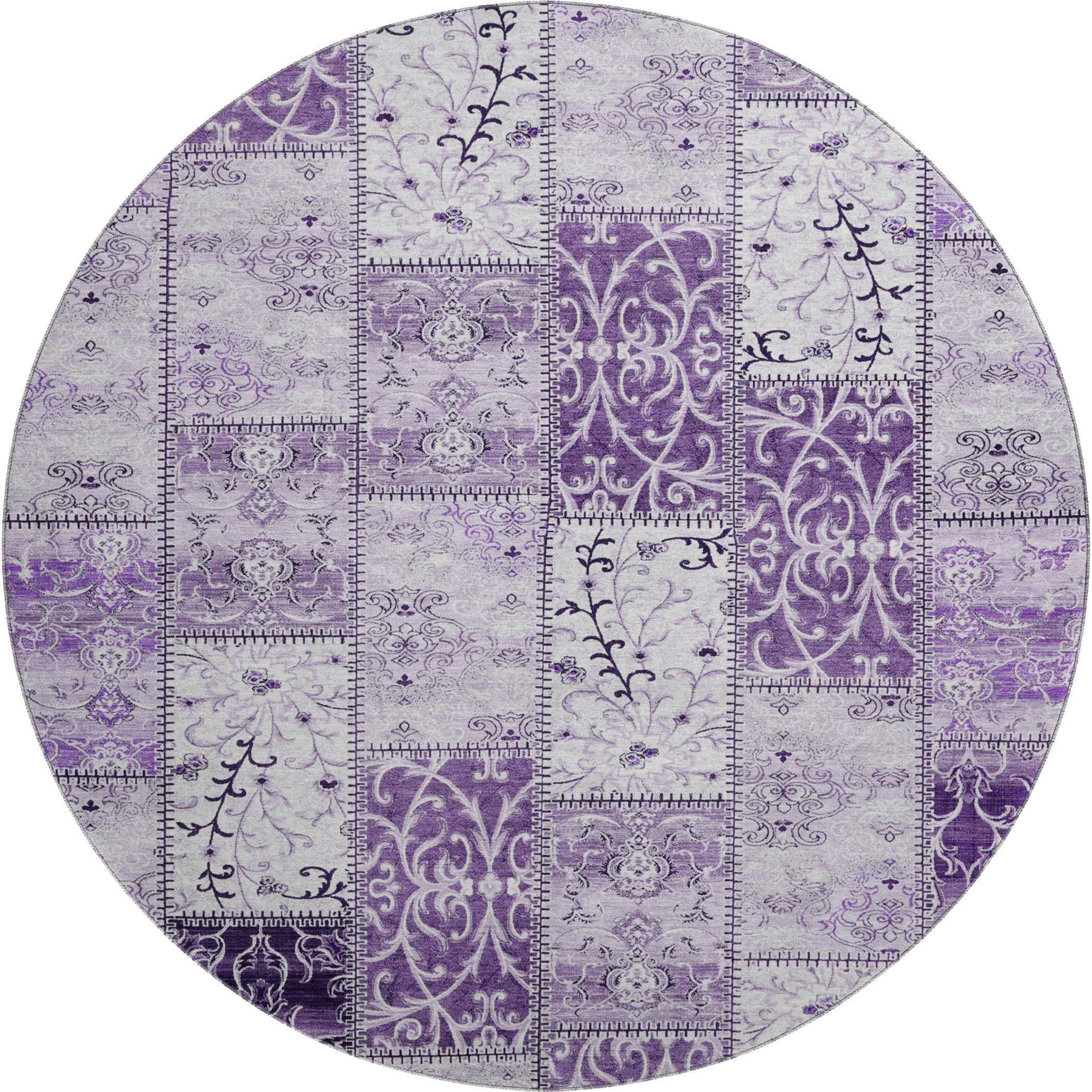 8' Purple And Ivory Patchwork Distressed Washable Round Rug With UV Protection - HomeRoots - Flyclothing LLC