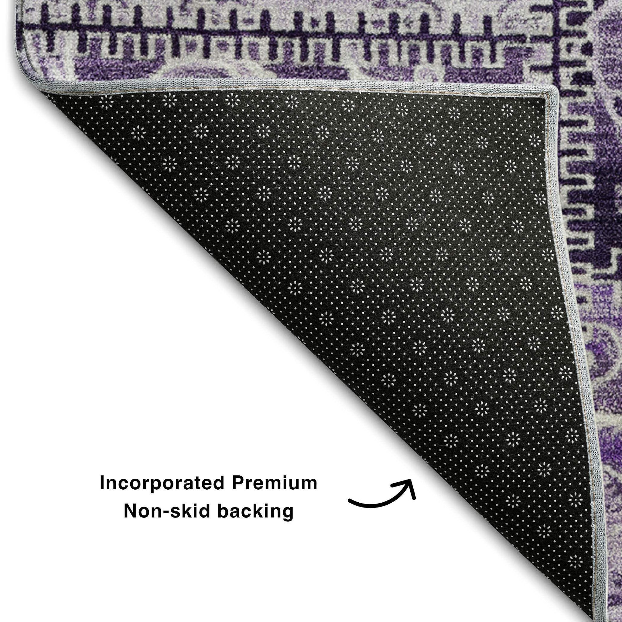 8' Purple And Ivory Patchwork Distressed Washable Round Rug With UV Protection - HomeRoots - Flyclothing LLC