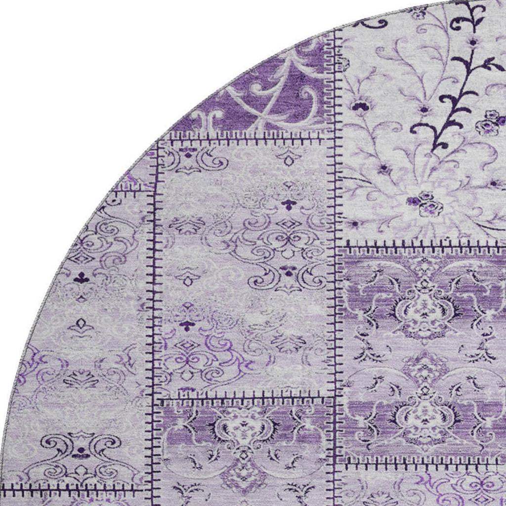8' Purple And Ivory Patchwork Distressed Washable Round Rug With UV Protection - HomeRoots - Flyclothing LLC