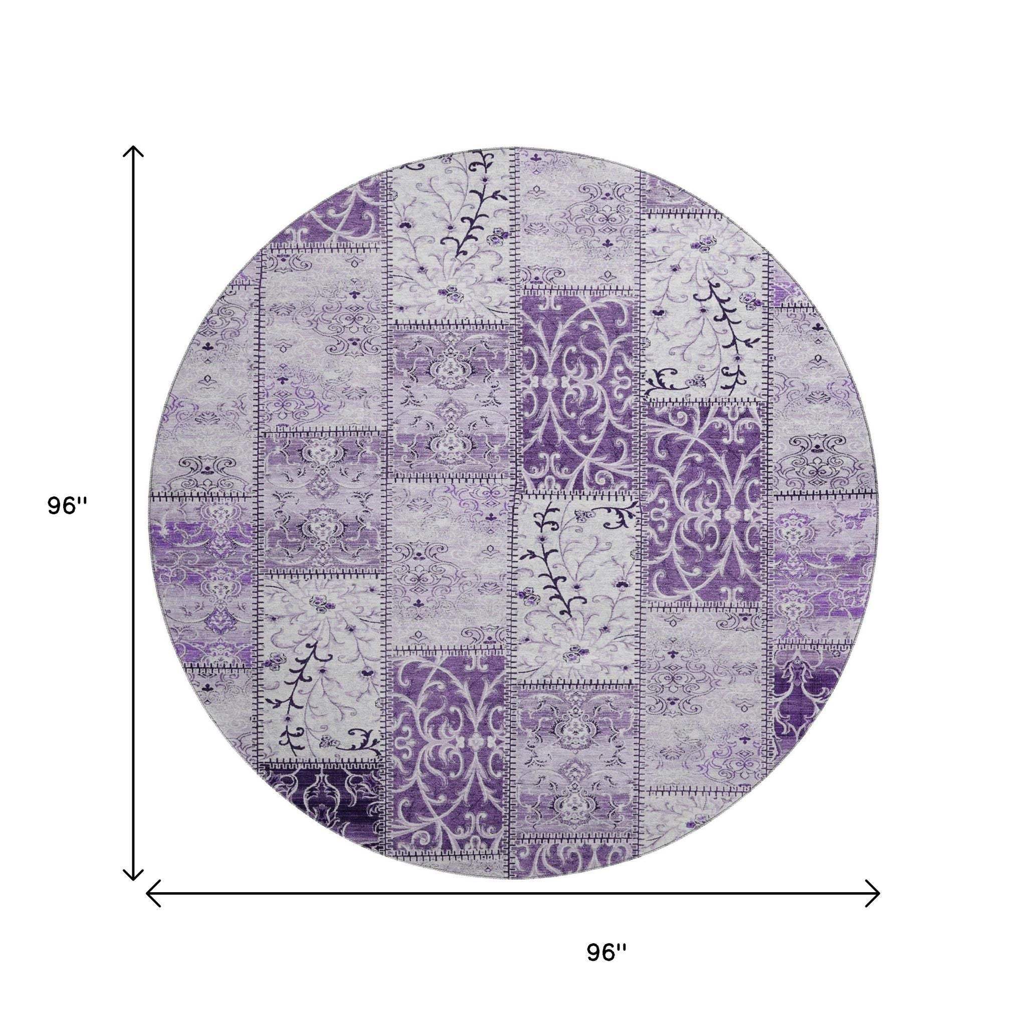 8' Purple And Ivory Patchwork Distressed Washable Round Rug With UV Protection - HomeRoots - Flyclothing LLC