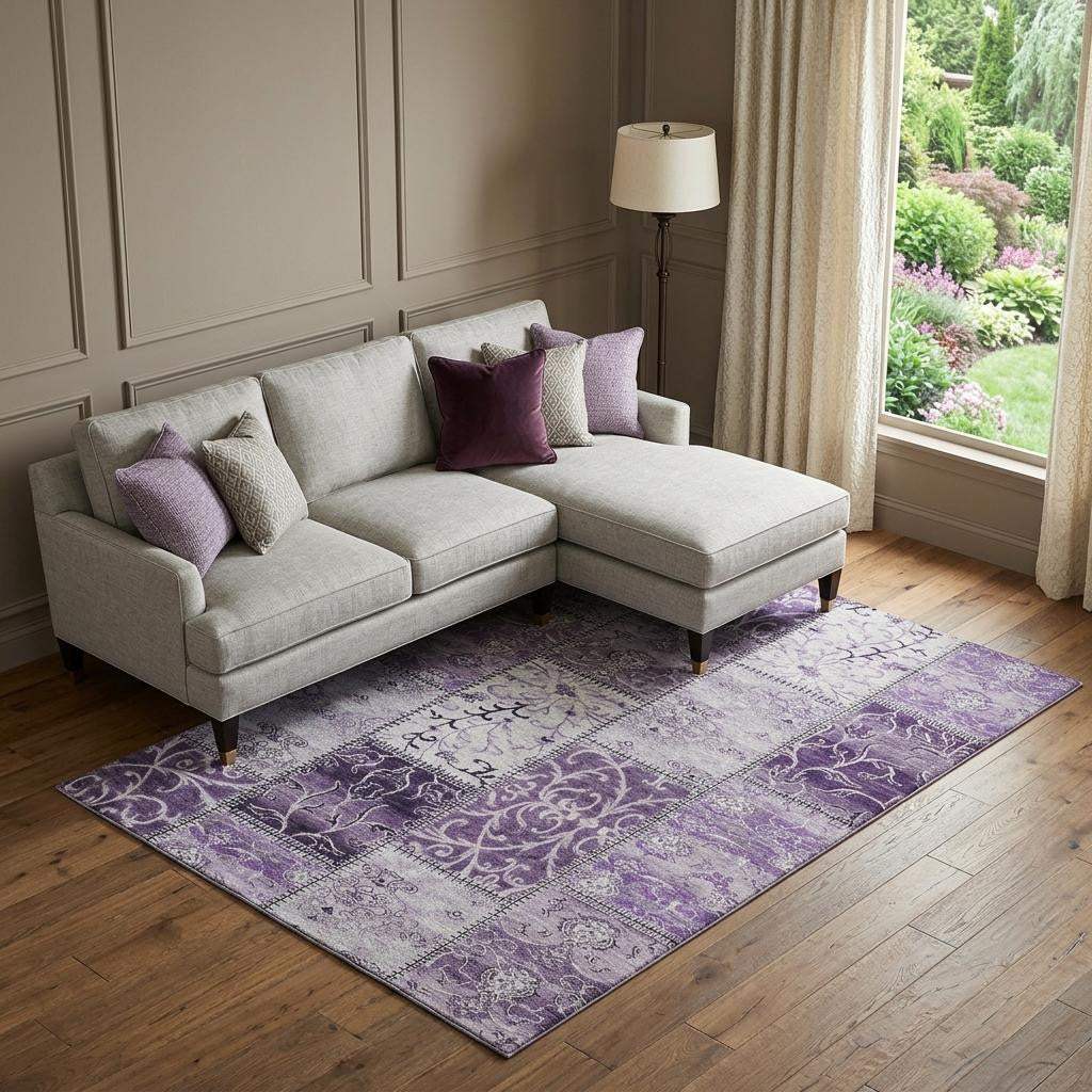 9' X 12' Purple And Ivory Patchwork Distressed Washable Area Rug With UV Protection - HomeRoots - Flyclothing LLC