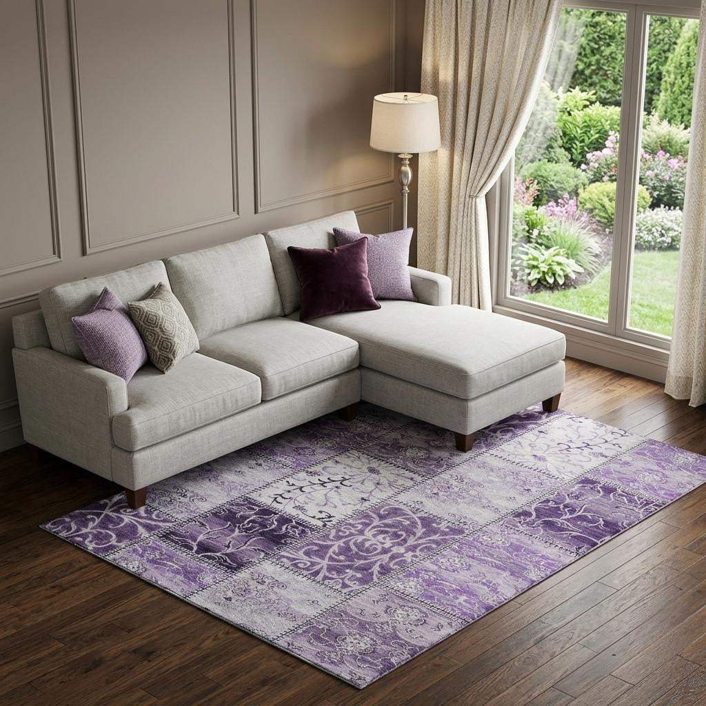 10' X 14' Purple And Ivory Patchwork Distressed Washable Area Rug With UV Protection - HomeRoots - Flyclothing LLC