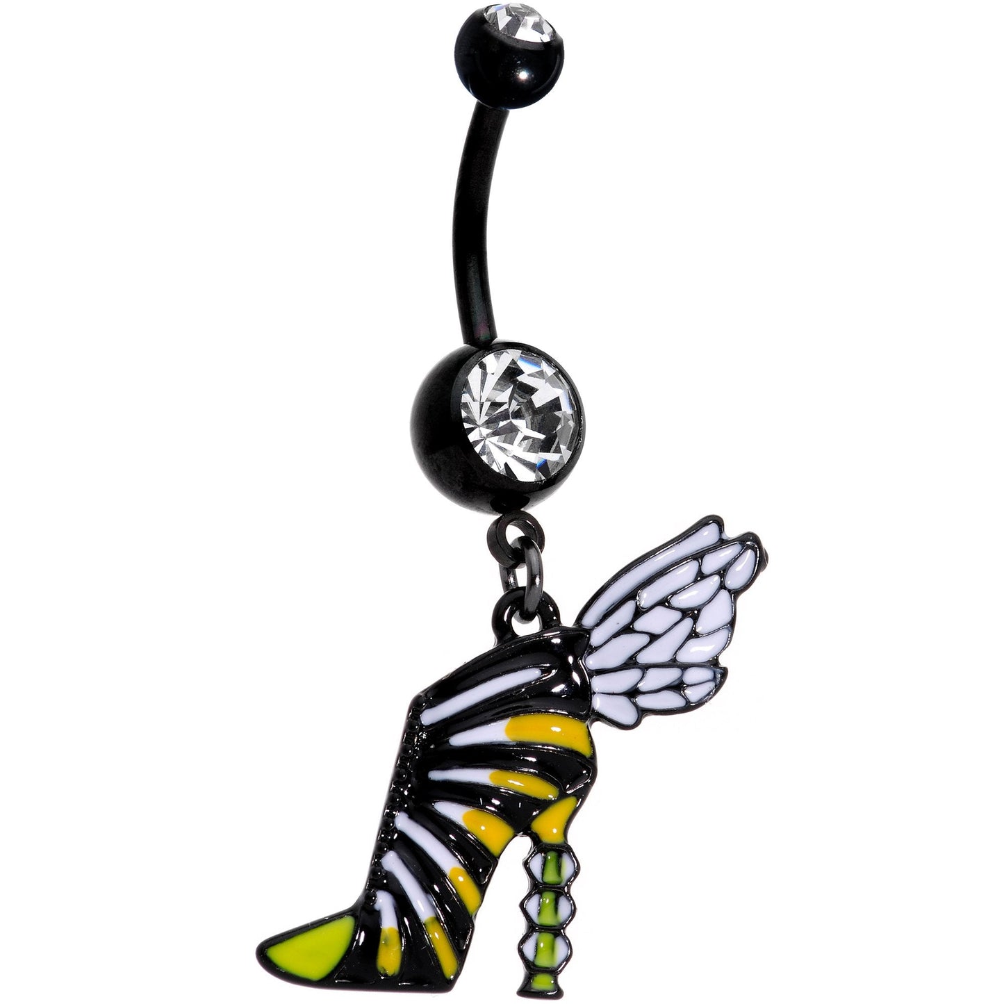 Clear Gem Black Halloween Bumblebee Stiletto Dangle Belly Ring - BodyCandy - Flyclothing LLC