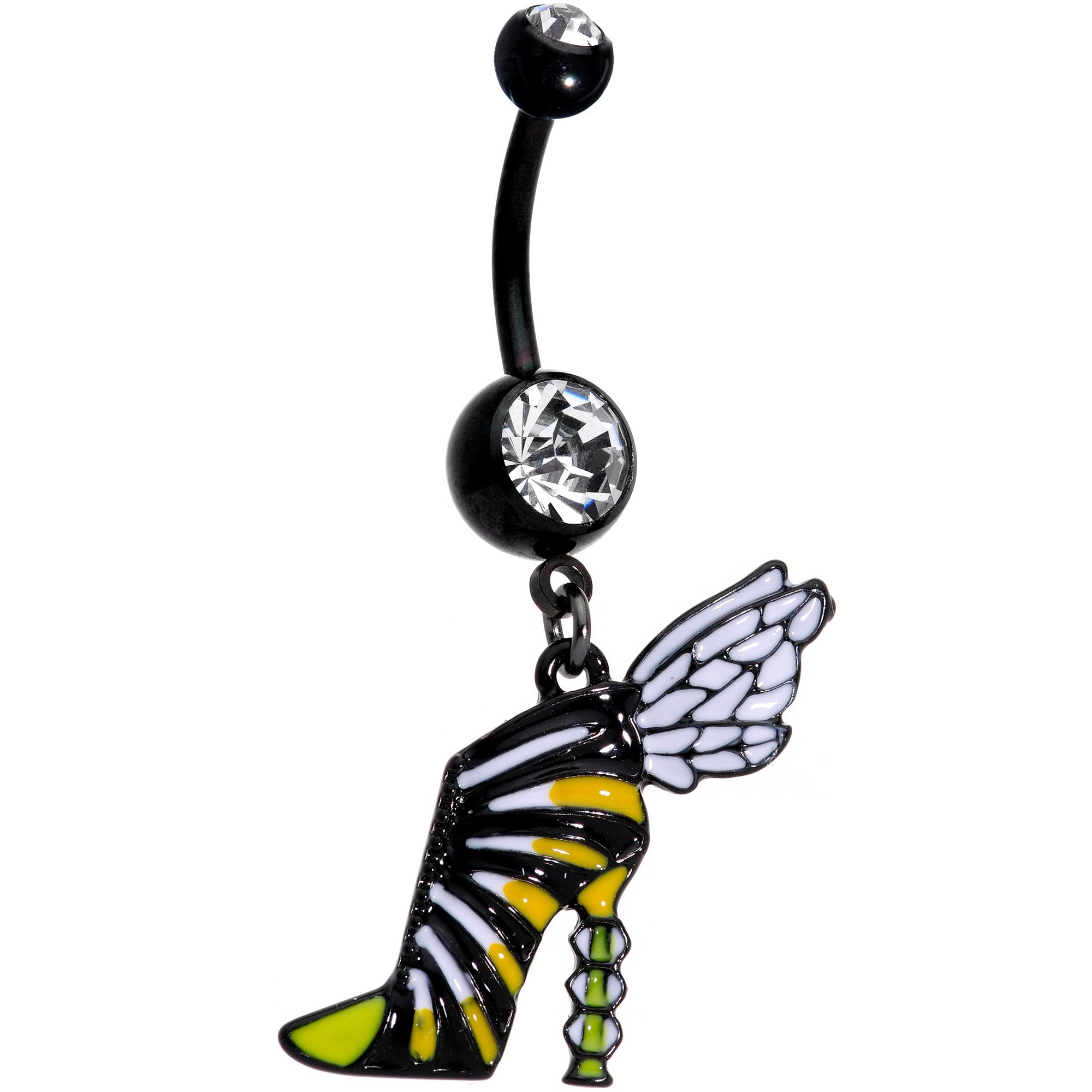 Clear Gem Black Halloween Bumblebee Stiletto Dangle Belly Ring - BodyCandy - Flyclothing LLC