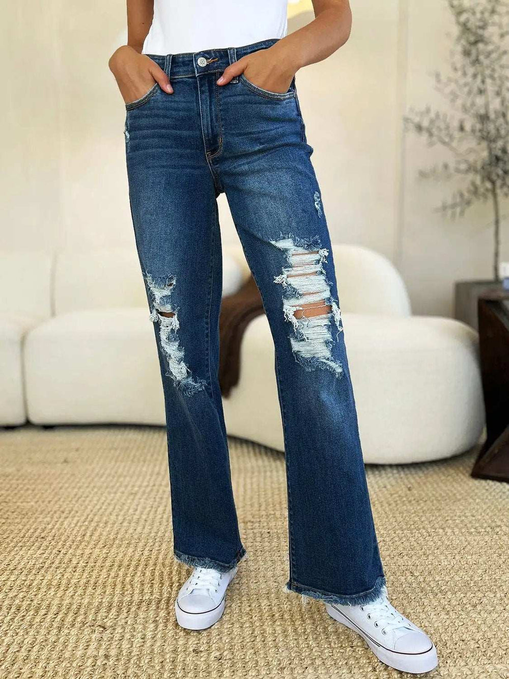 Judy Blue Full Size Mid Rise Distressed Raw Hem Jeans - Trendsi - Flyclothing LLC