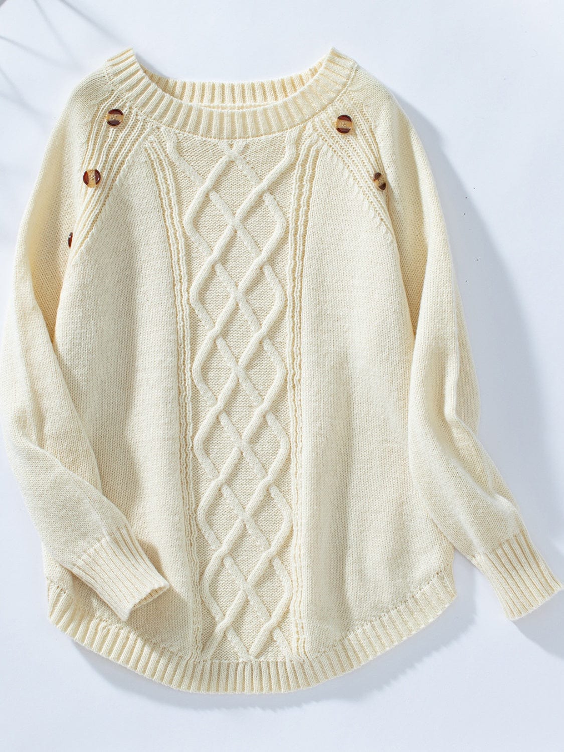 Decorative Button Round Neck Raglan Sleeve Sweater - Trendsi