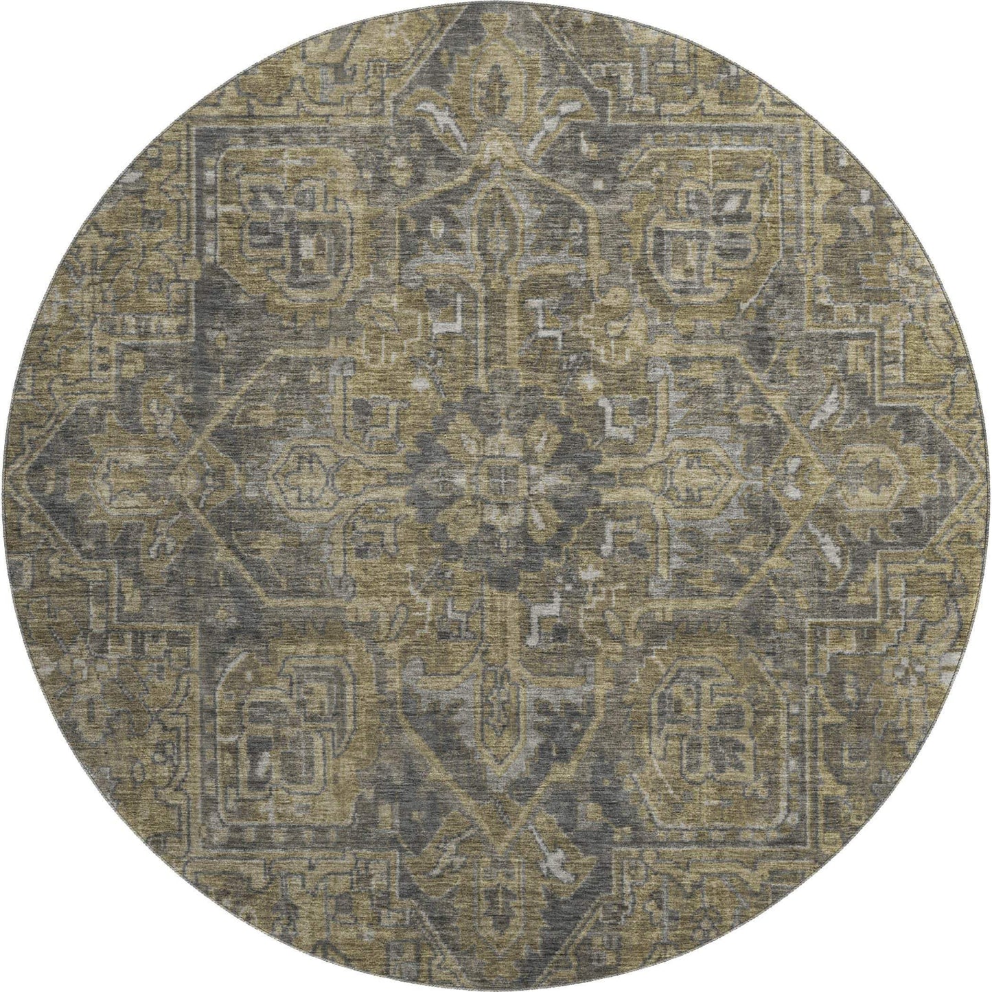 8' Chocolate And Gray Medallion Distressed Washable Round Rug With UV Protection - HomeRoots - Flyclothing LLC