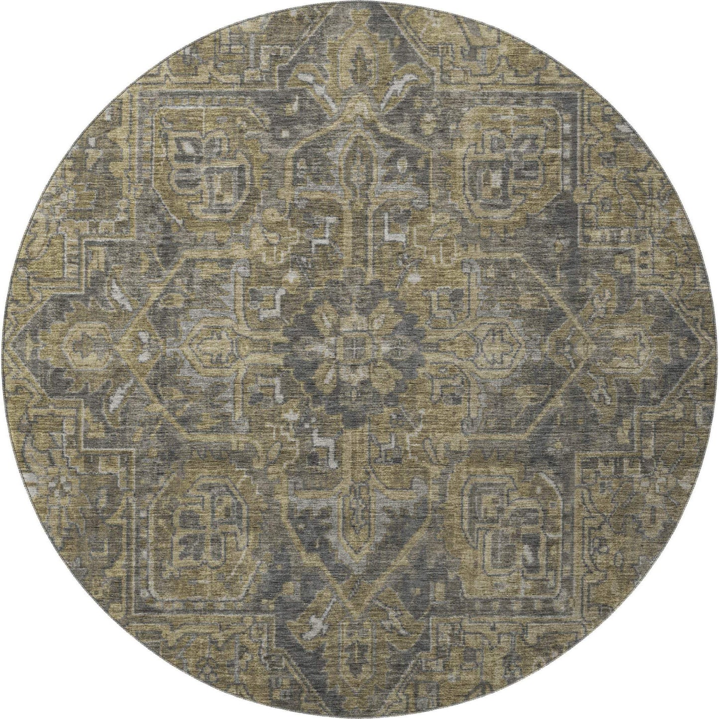 8' Chocolate And Gray Medallion Distressed Washable Round Rug With UV Protection - HomeRoots - Flyclothing LLC
