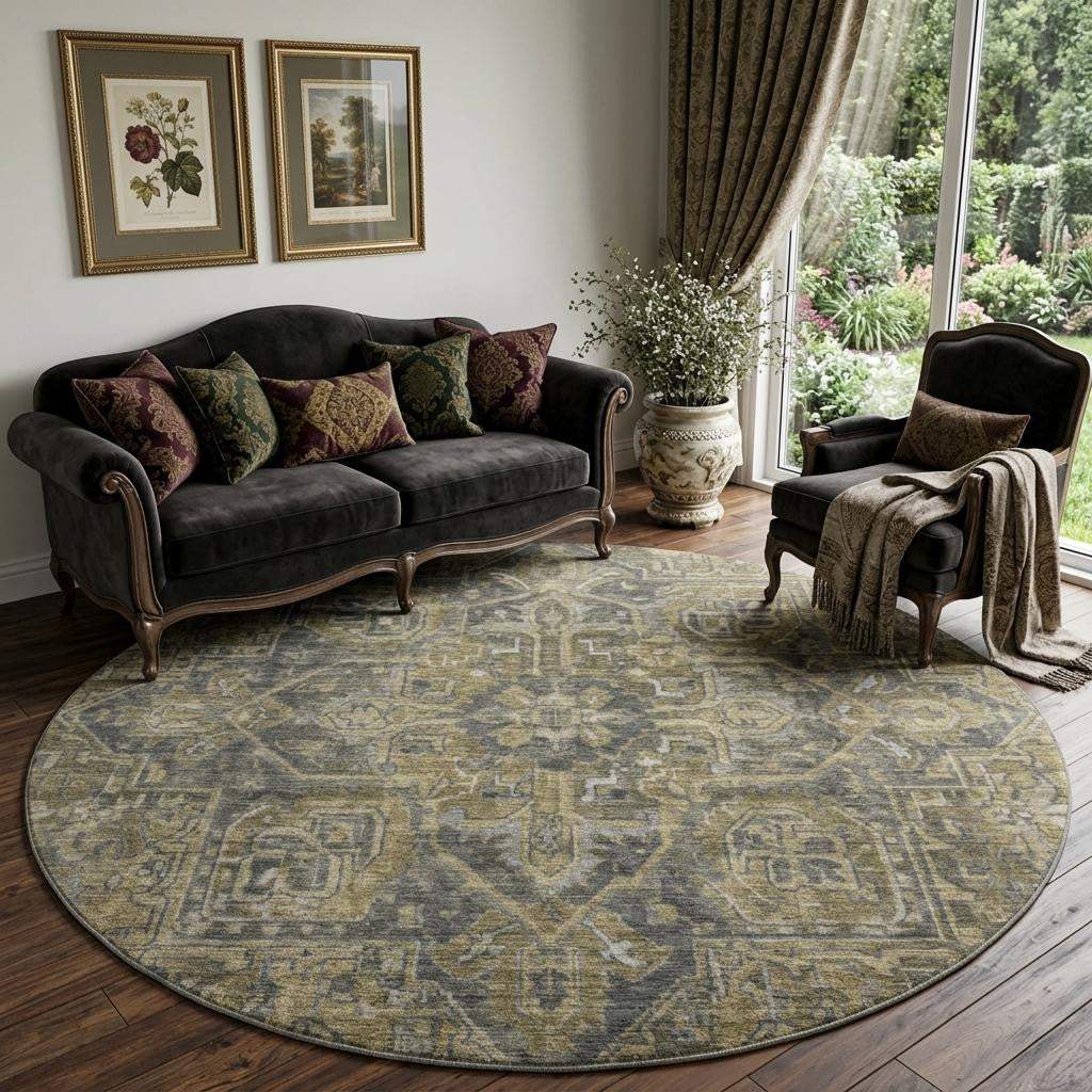 8' Chocolate And Gray Medallion Distressed Washable Round Rug With UV Protection - HomeRoots - Flyclothing LLC