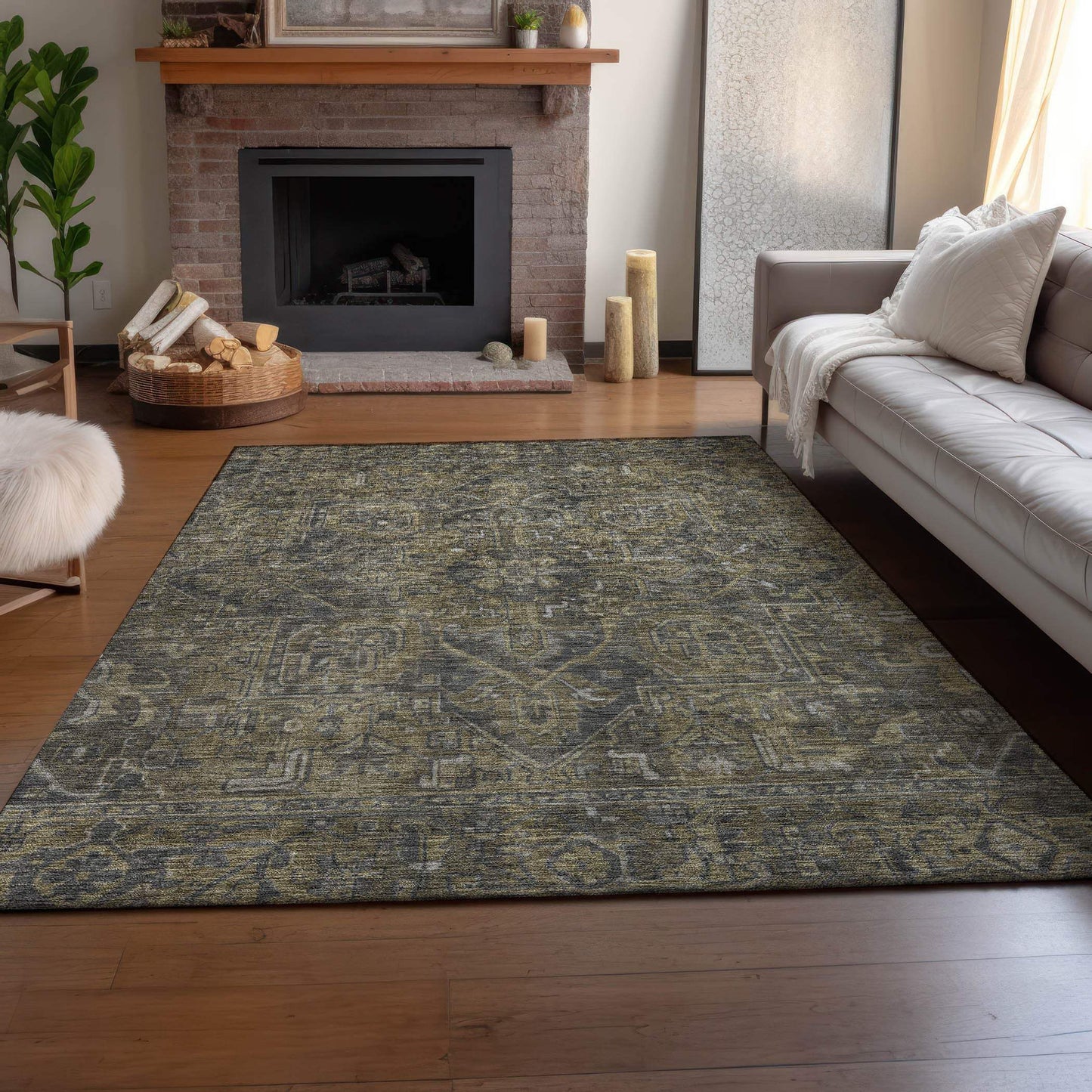 9' X 12' Chocolate And Gray Medallion Distressed Washable Area Rug With UV Protection - HomeRoots - Flyclothing LLC