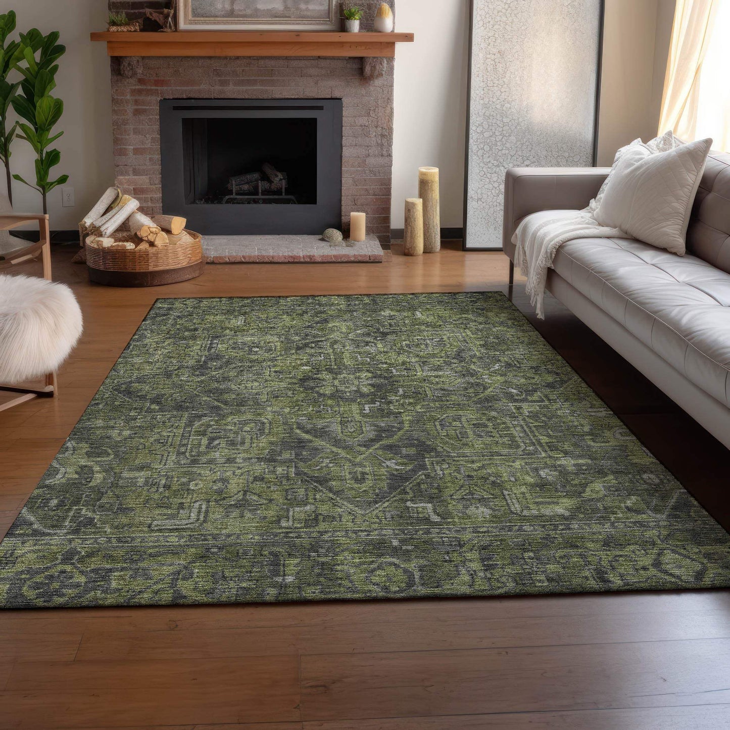 3' X 5' Green And Gray Medallion Distressed Washable Area Rug With UV Protection - HomeRoots - Flyclothing LLC