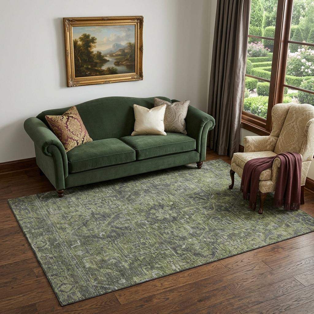 5' X 8' Green And Gray Medallion Distressed Washable Area Rug With UV Protection - HomeRoots - Flyclothing LLC
