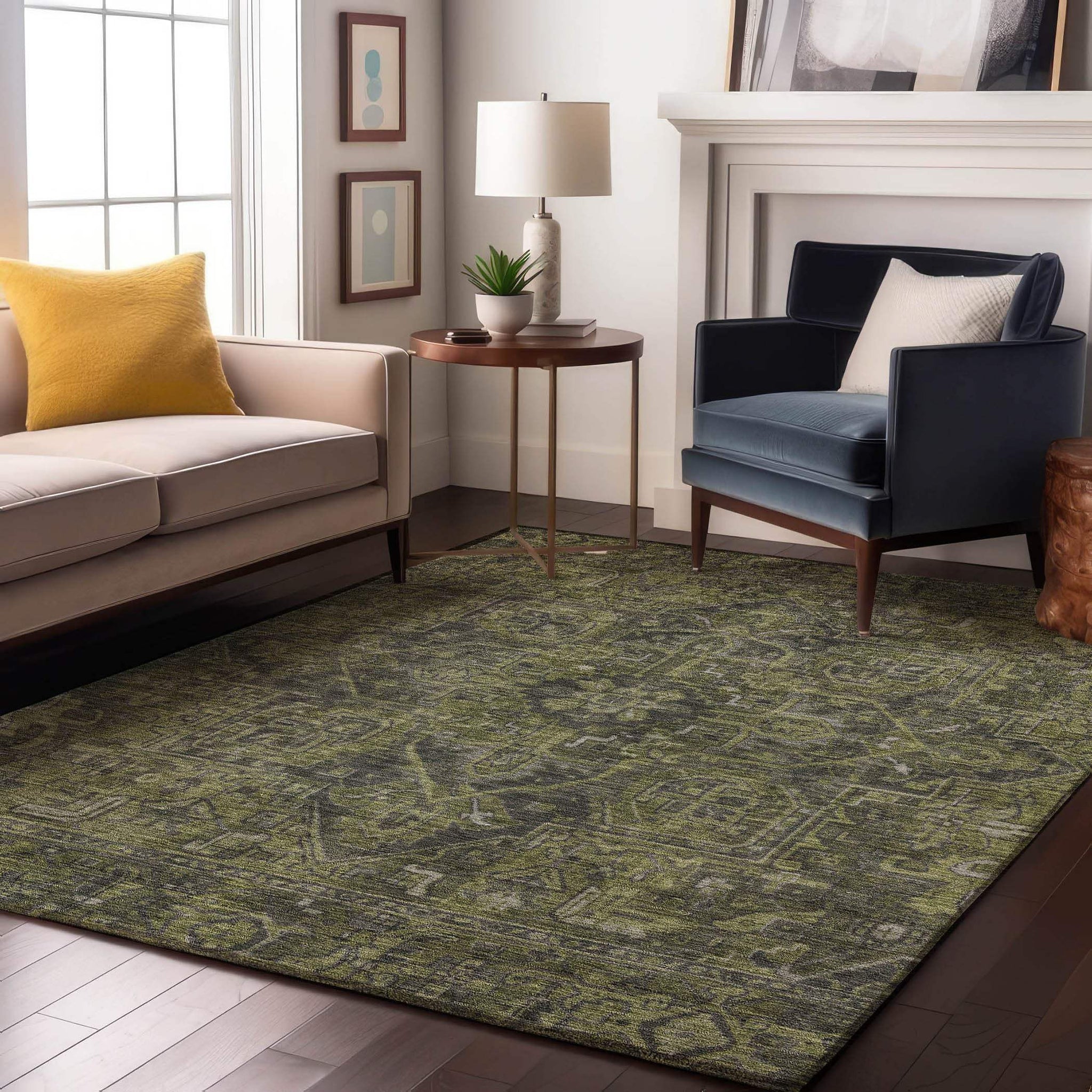 5' X 8' Green And Gray Medallion Distressed Washable Area Rug With UV Protection - HomeRoots - Flyclothing LLC