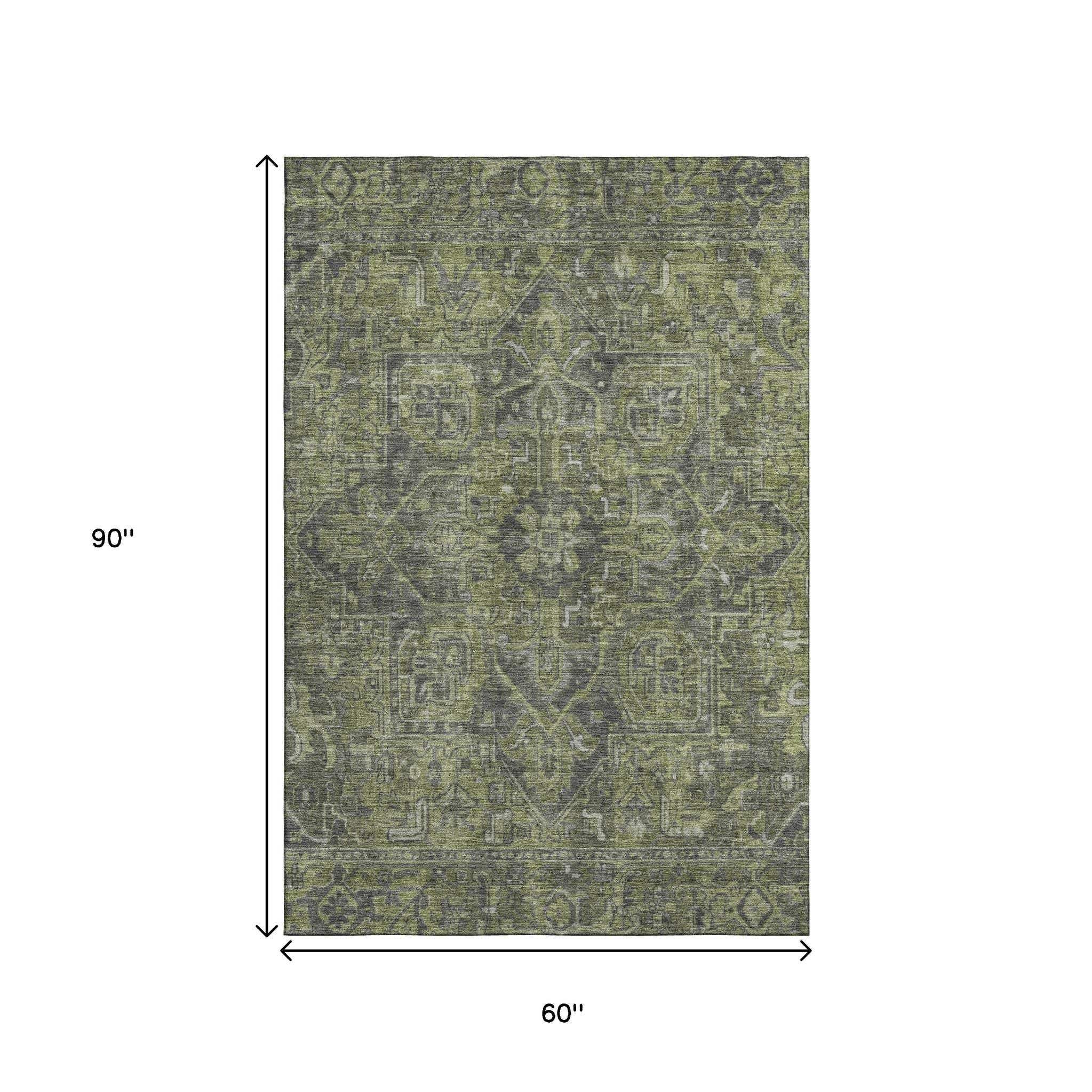 5' X 8' Green And Gray Medallion Distressed Washable Area Rug With UV Protection - HomeRoots - Flyclothing LLC