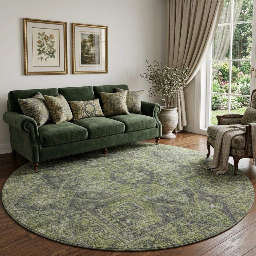 8' Green And Gray Medallion Distressed Washable Round Rug With UV Protection - HomeRoots - Flyclothing LLC