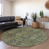 8' Green And Gray Medallion Distressed Washable Round Rug With UV Protection - HomeRoots - Flyclothing LLC