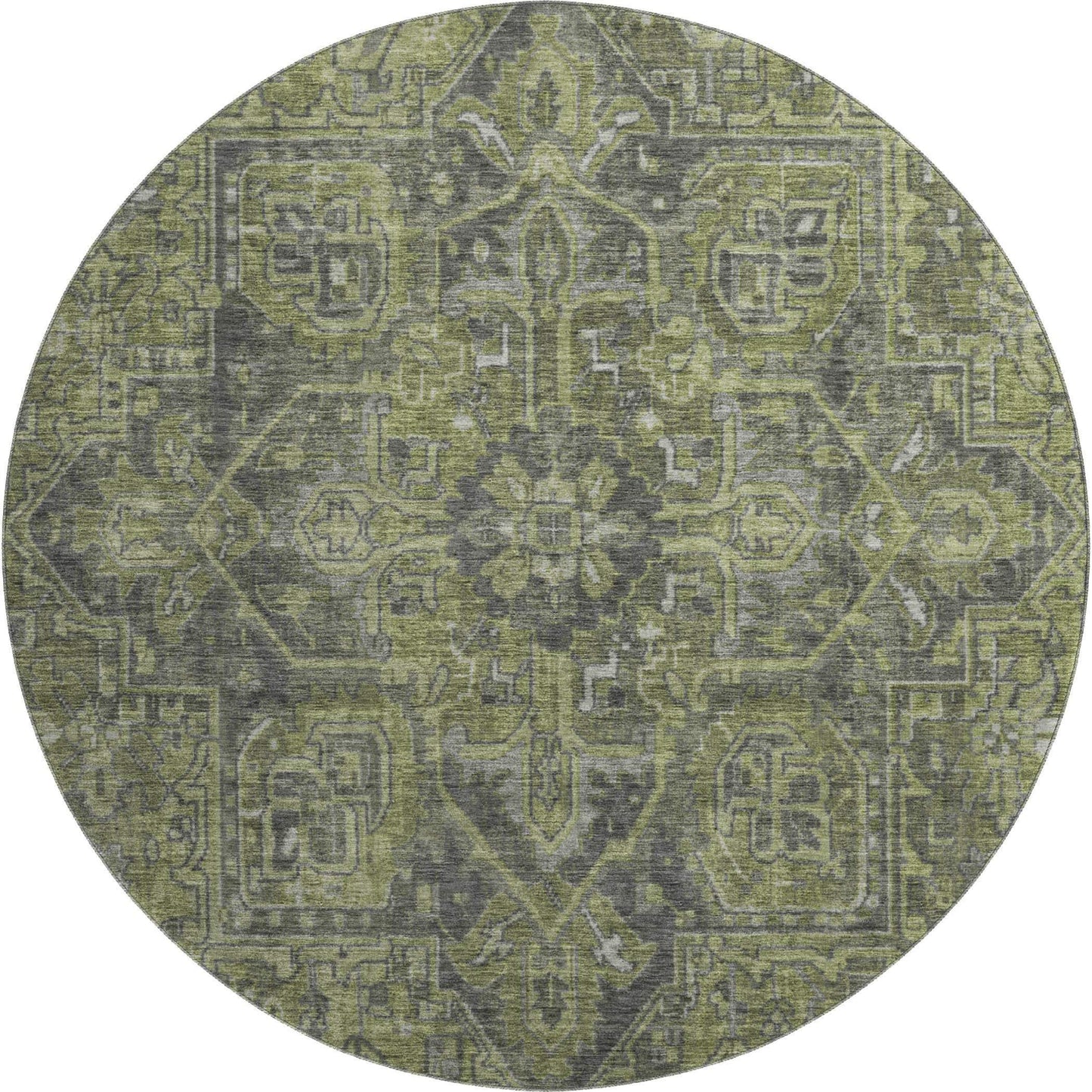 8' Green And Gray Medallion Distressed Washable Round Rug With UV Protection - HomeRoots - Flyclothing LLC