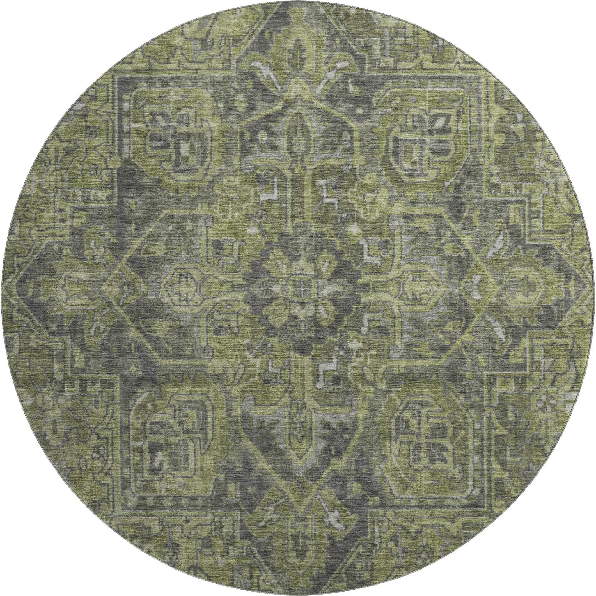 8' Green And Gray Medallion Distressed Washable Round Rug With UV Protection - HomeRoots - Flyclothing LLC