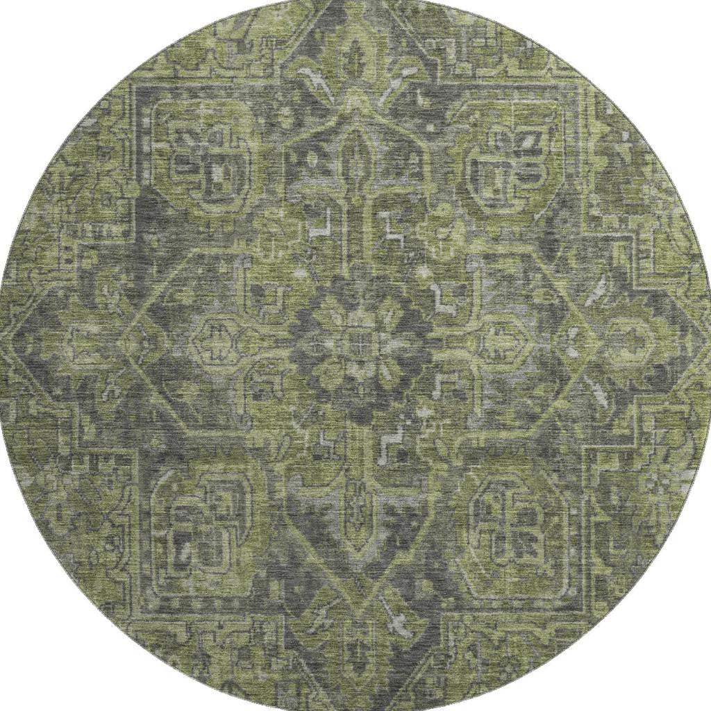 8' Green And Gray Medallion Distressed Washable Round Rug With UV Protection - HomeRoots - Flyclothing LLC