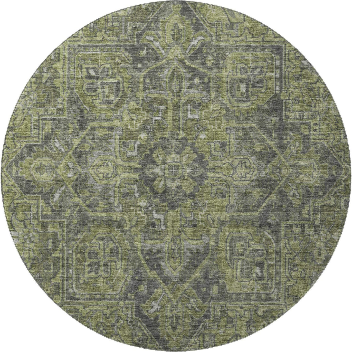 8' Green And Gray Medallion Distressed Washable Round Rug With UV Protection - HomeRoots - Flyclothing LLC
