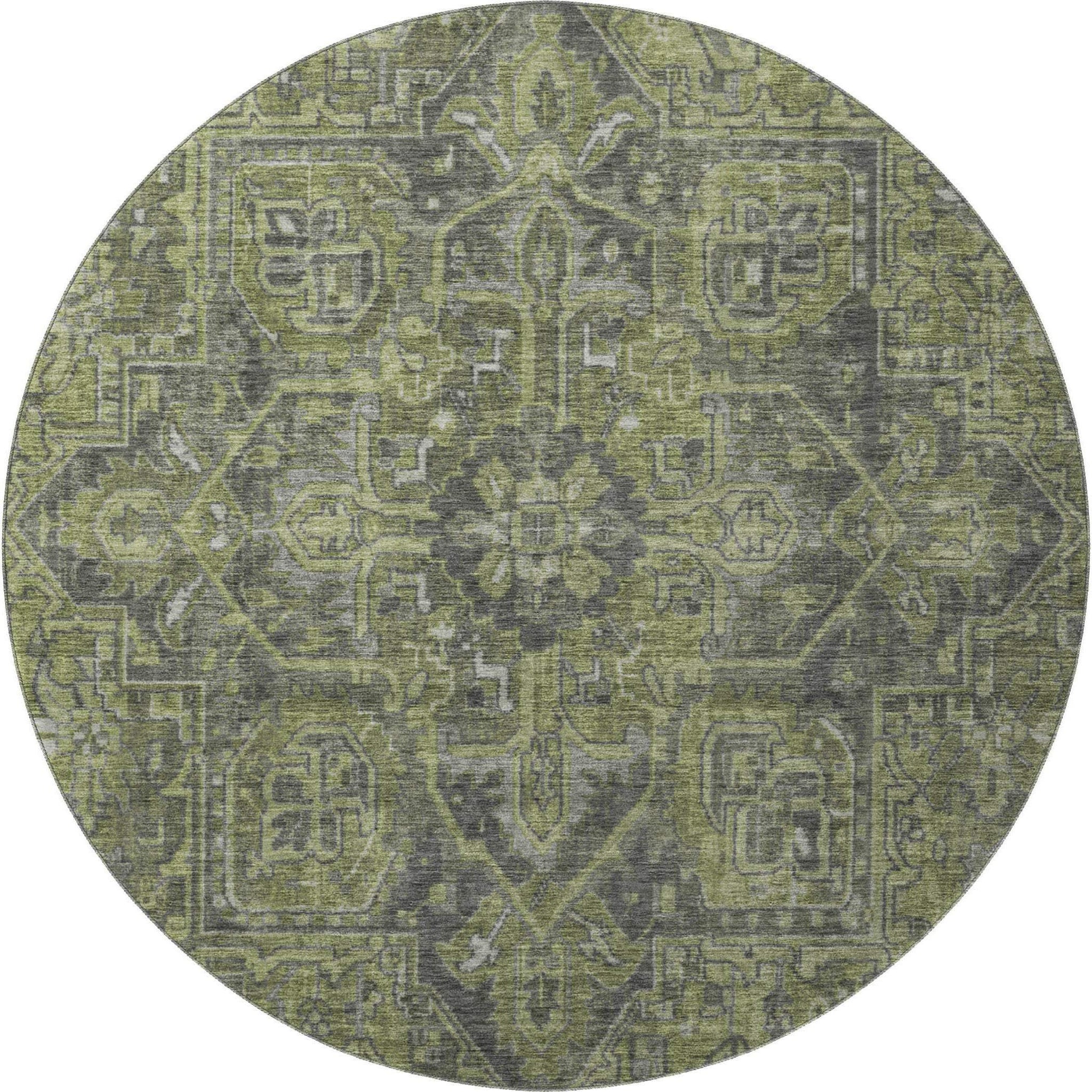 8' Green And Gray Medallion Distressed Washable Round Rug With UV Protection - HomeRoots - Flyclothing LLC