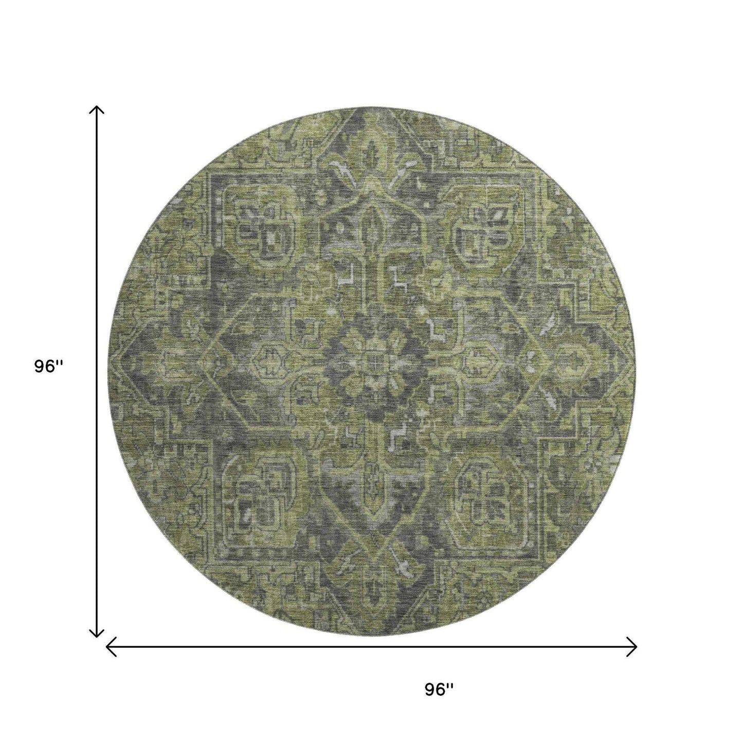 8' Green And Gray Medallion Distressed Washable Round Rug With UV Protection - HomeRoots - Flyclothing LLC
