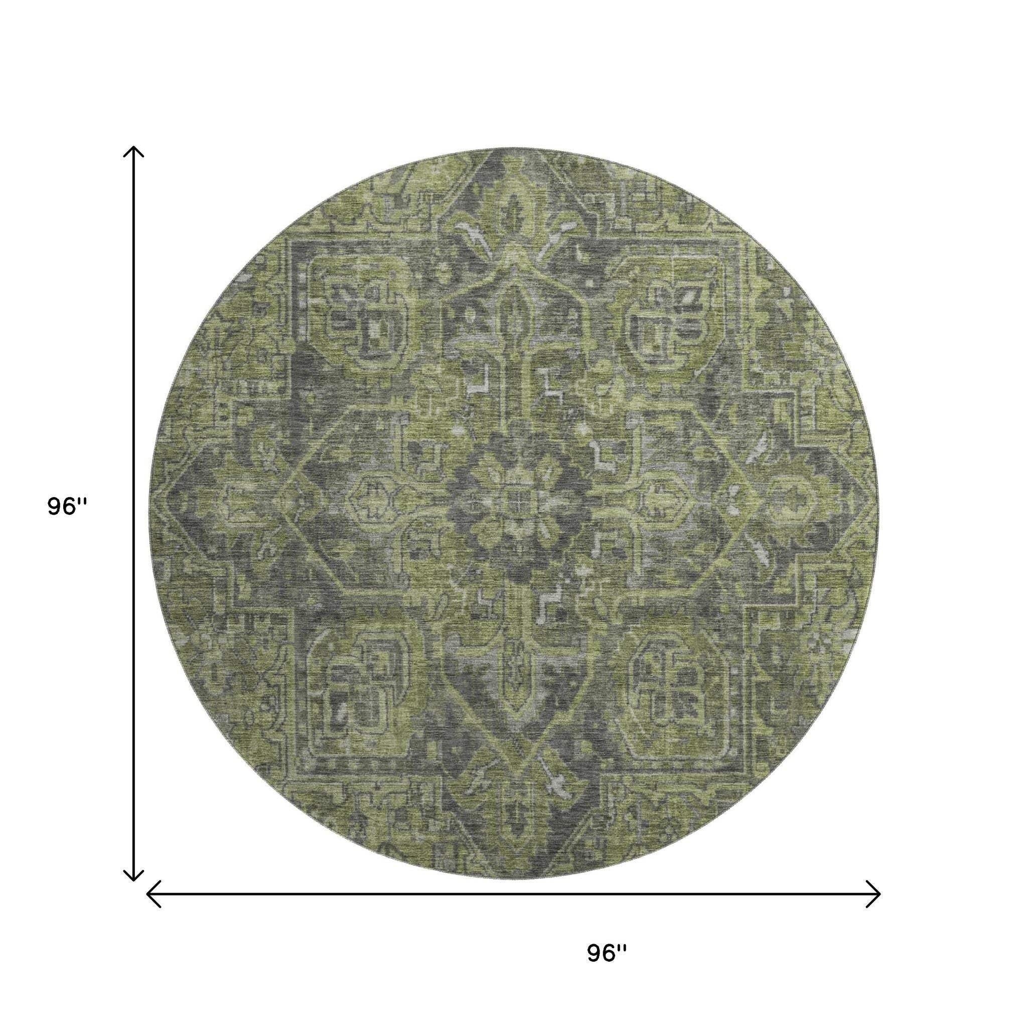 8' Green And Gray Medallion Distressed Washable Round Rug With UV Protection - HomeRoots - Flyclothing LLC