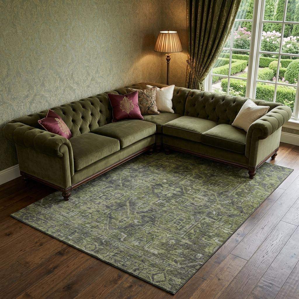 9' X 12' Green And Gray Medallion Distressed Washable Area Rug With UV Protection - HomeRoots - Flyclothing LLC