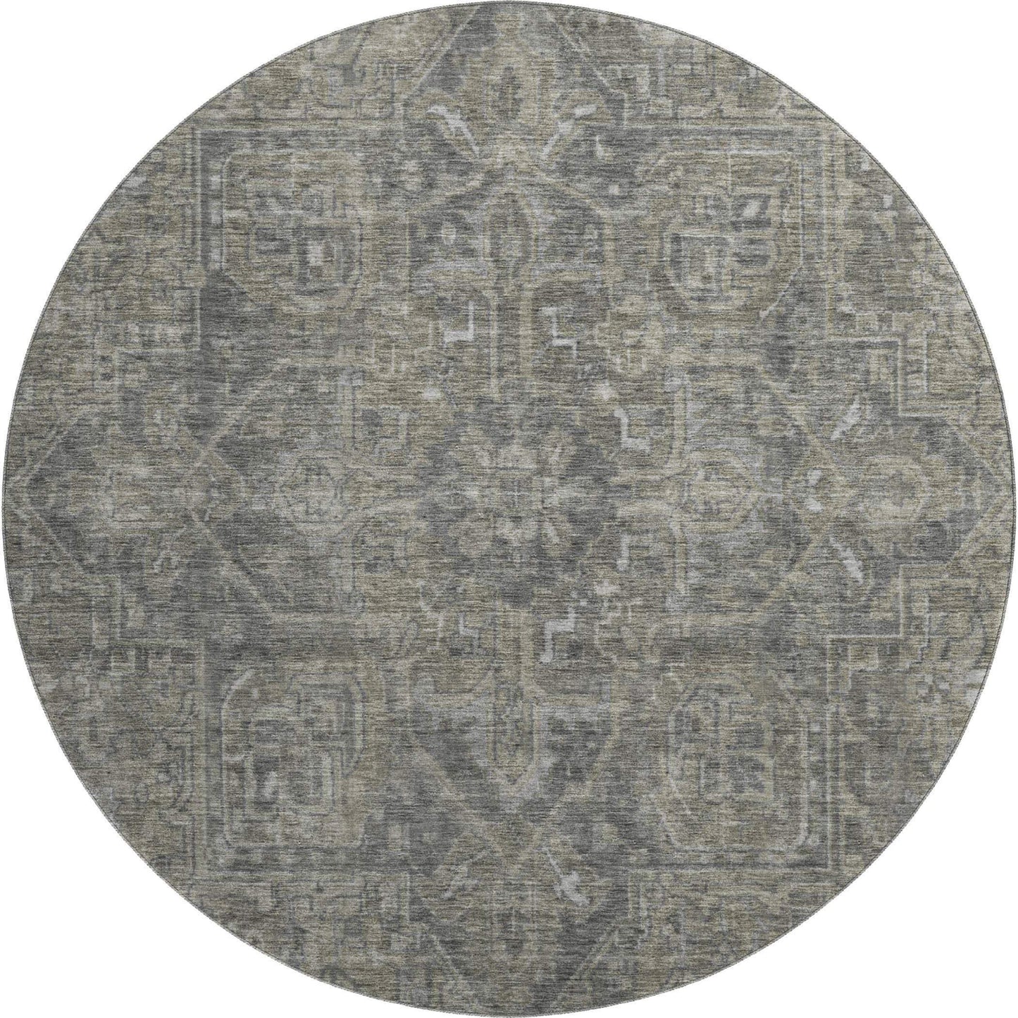 8' Coffee And Gray Medallion Distressed Washable Round Rug With UV Protection - HomeRoots - Flyclothing LLC