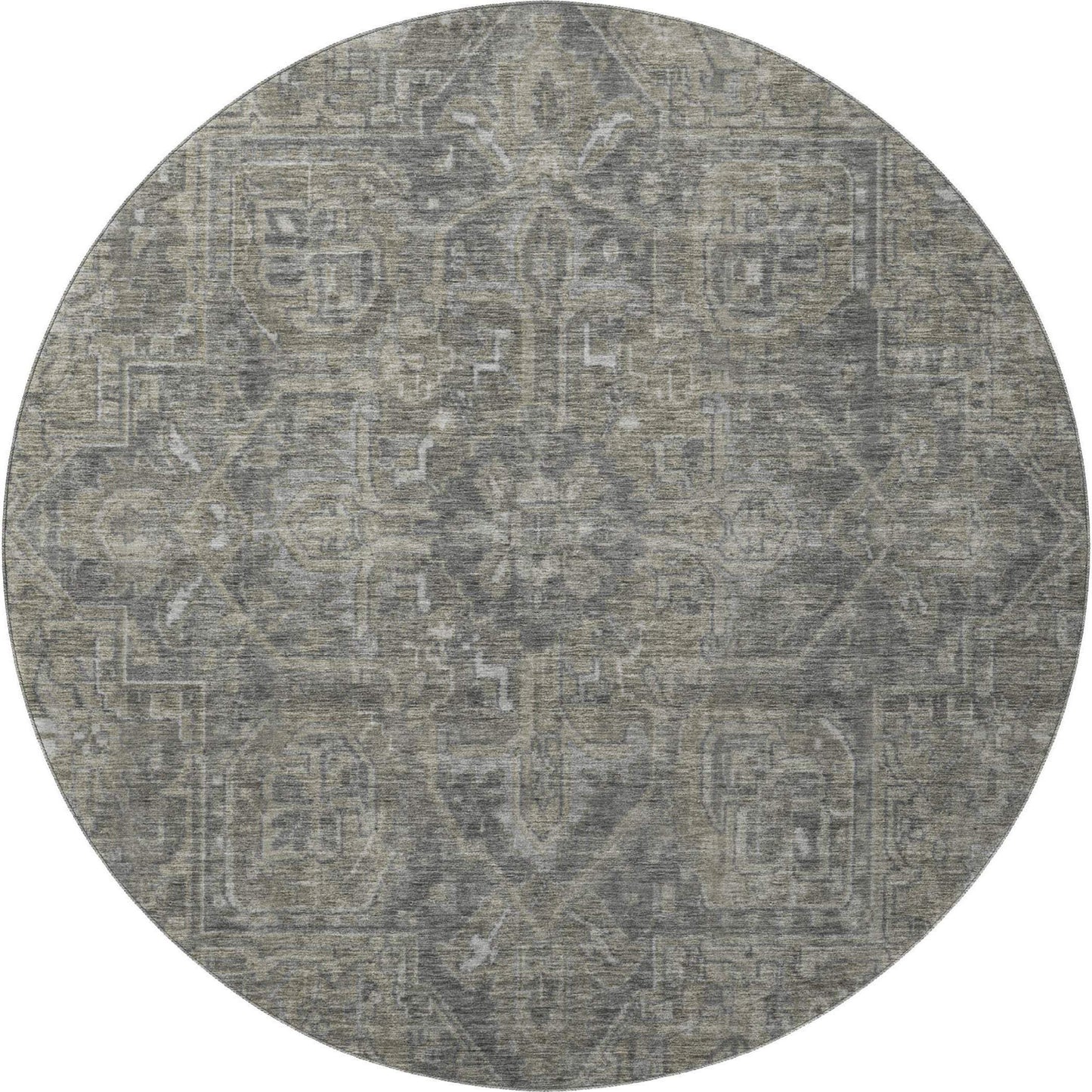 8' Coffee And Gray Medallion Distressed Washable Round Rug With UV Protection - HomeRoots - Flyclothing LLC