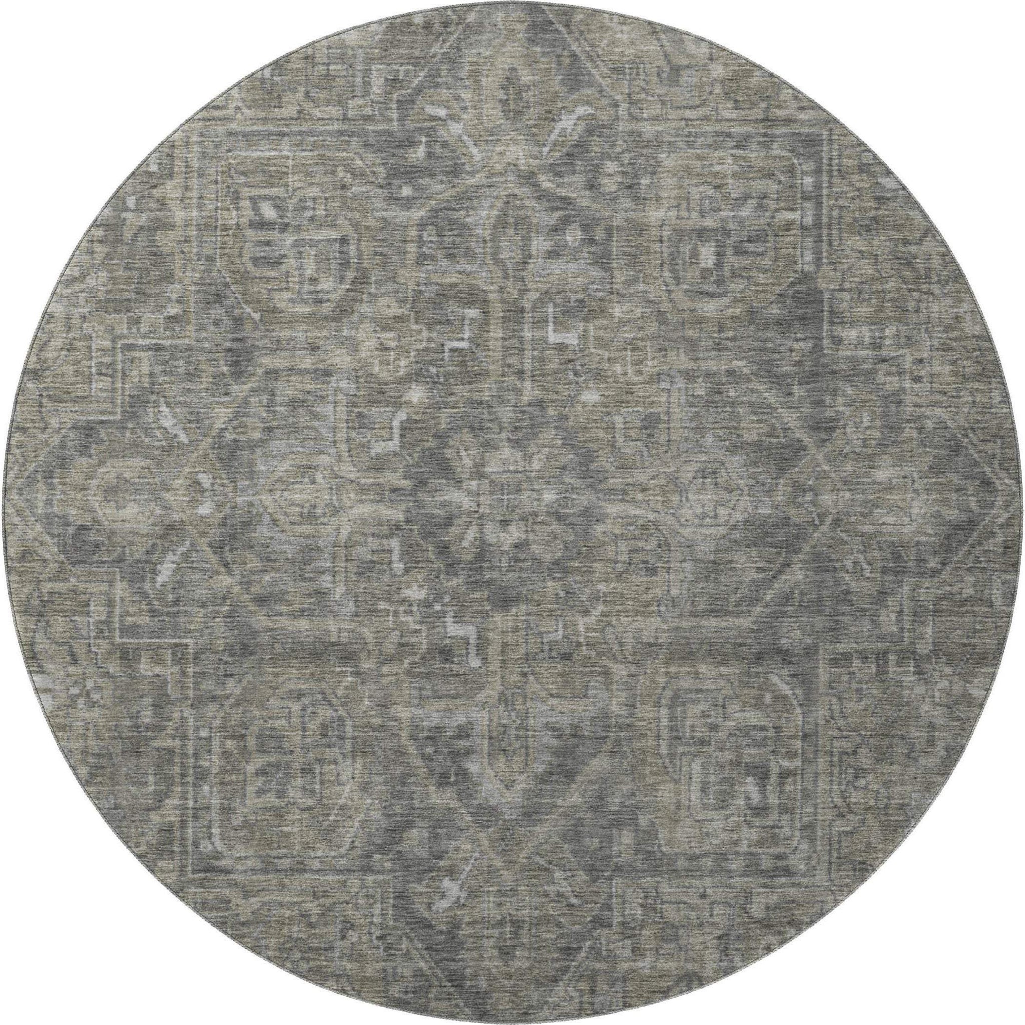 8' Coffee And Gray Medallion Distressed Washable Round Rug With UV Protection - HomeRoots - Flyclothing LLC