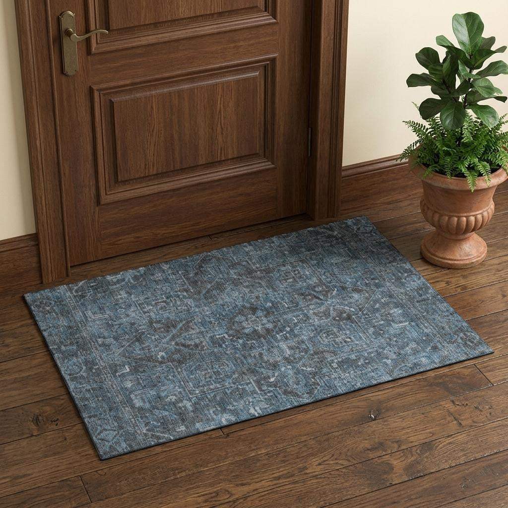 3' X 5' Navy Blue And Gray Medallion Distressed Washable Area Rug With UV Protection - HomeRoots - Flyclothing LLC