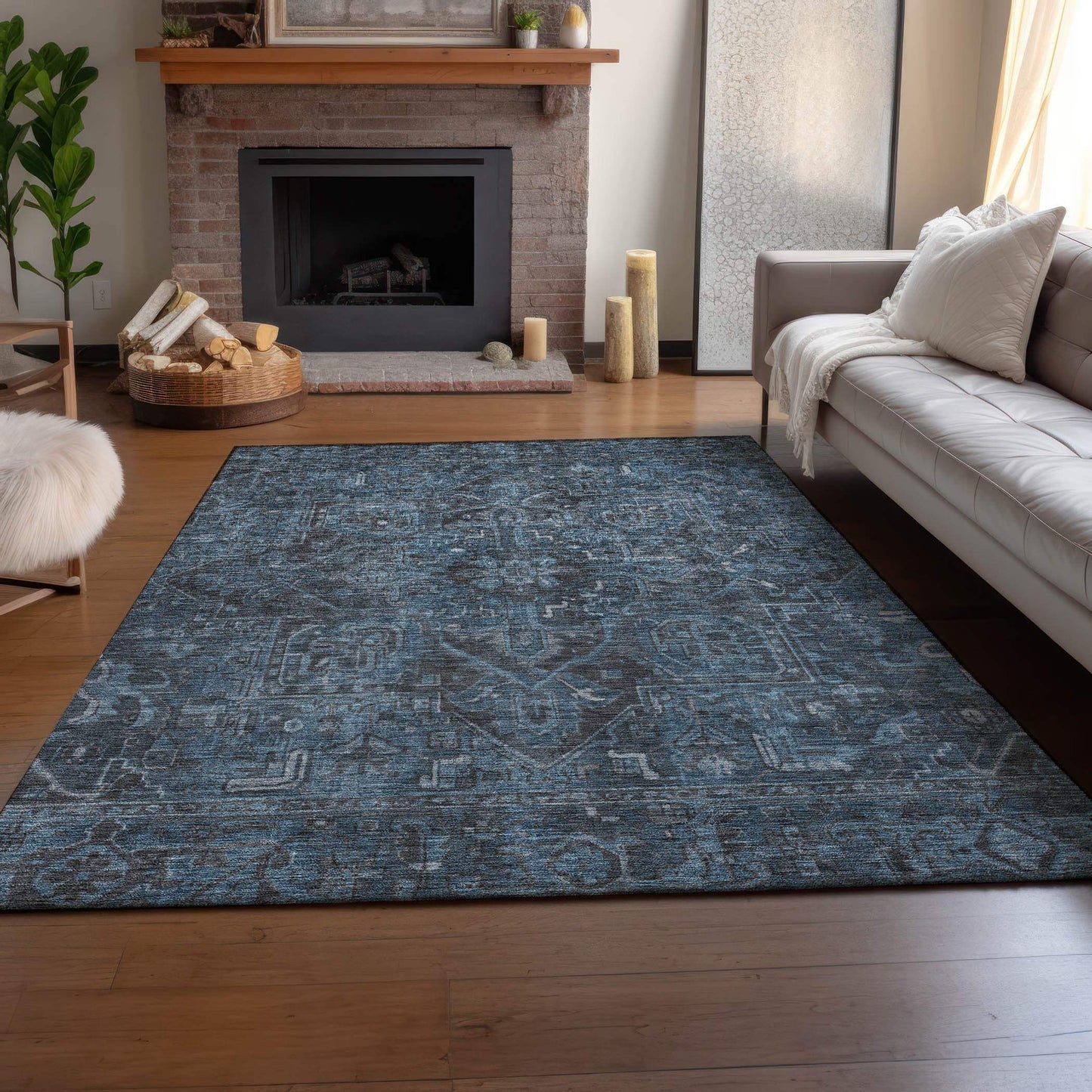 3' X 5' Navy Blue And Gray Medallion Distressed Washable Area Rug With UV Protection - HomeRoots - Flyclothing LLC