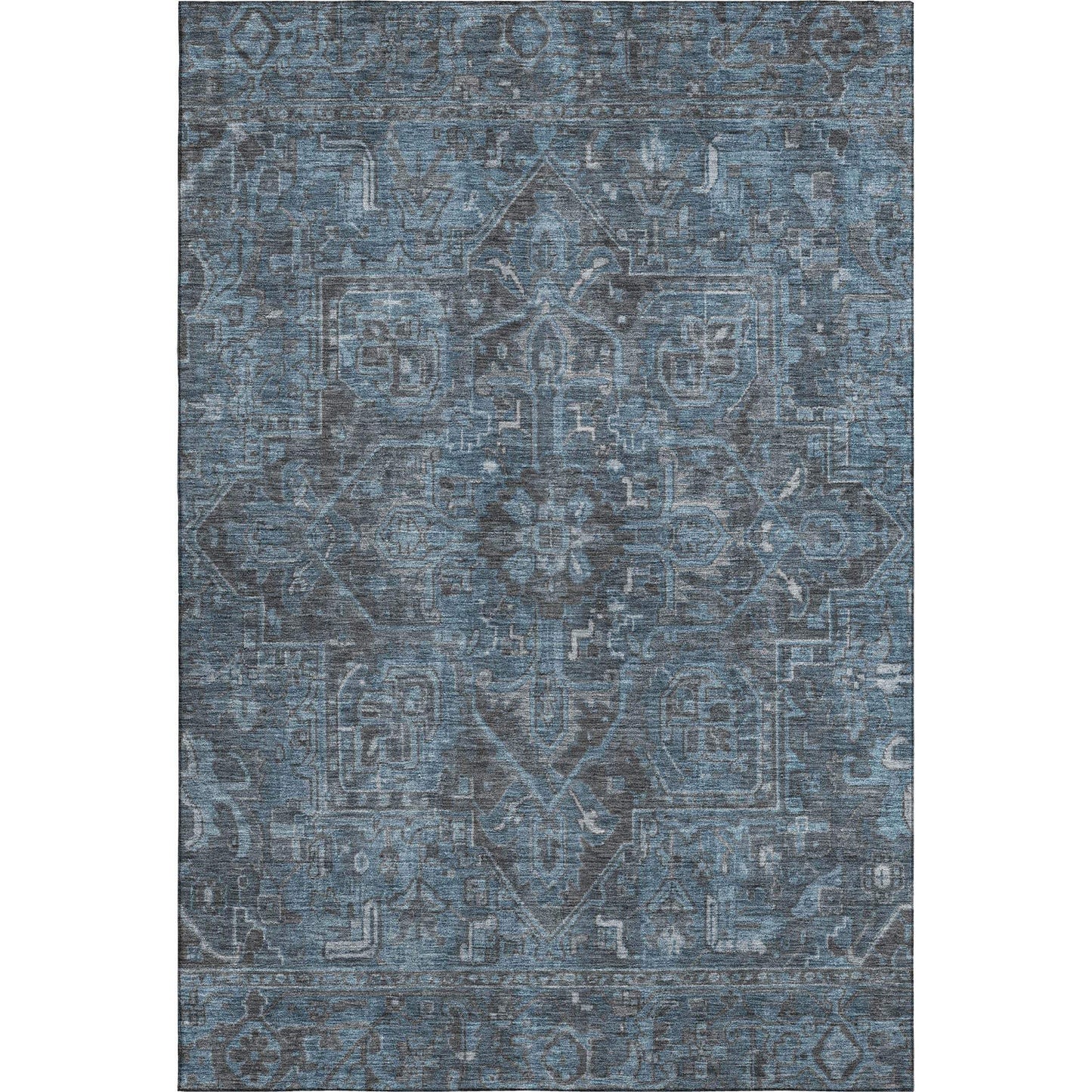 5' X 8' Navy Blue And Gray Medallion Distressed Washable Area Rug With UV Protection - HomeRoots - Flyclothing LLC